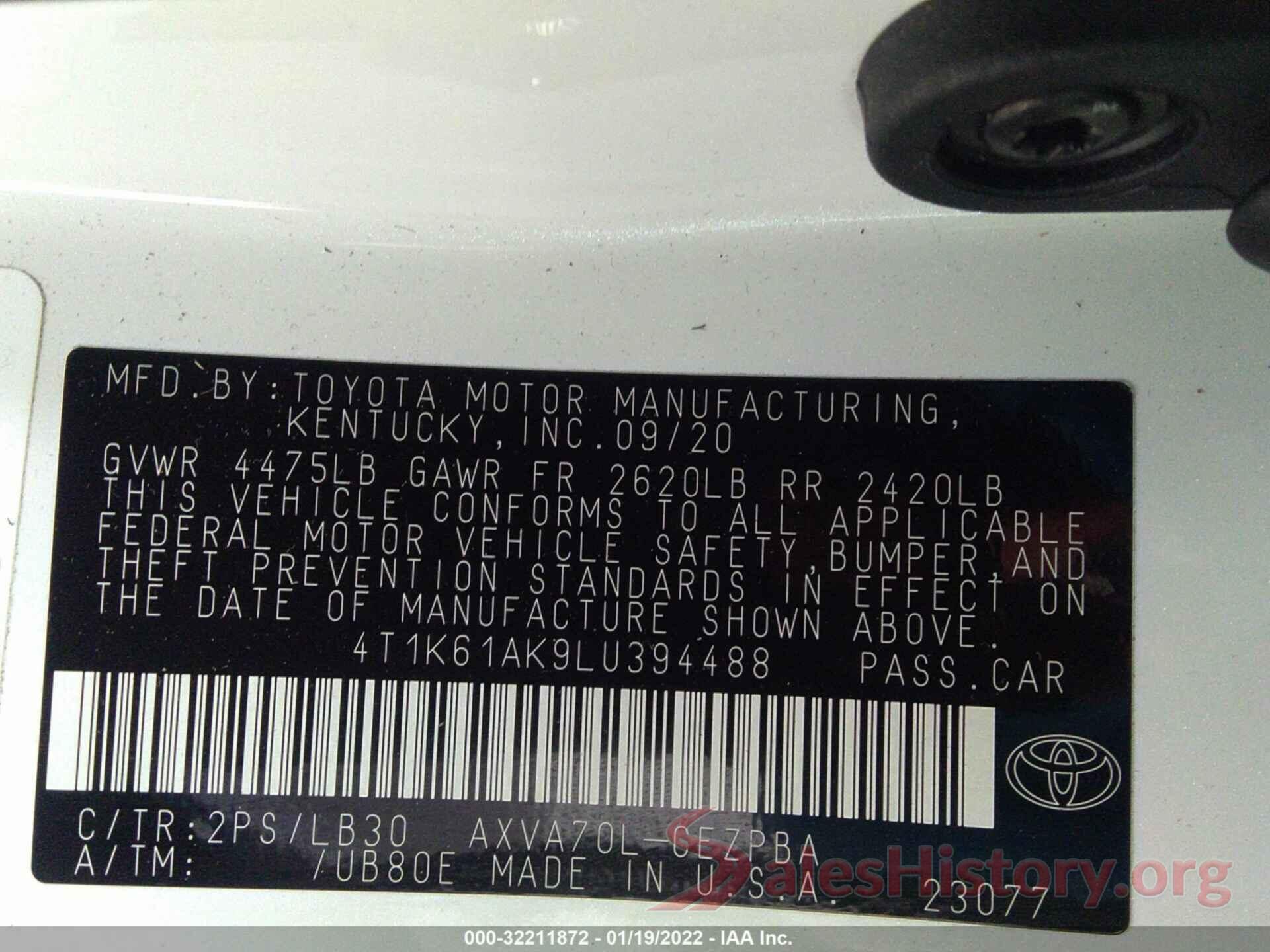 4T1K61AK9LU394488 2020 TOYOTA CAMRY