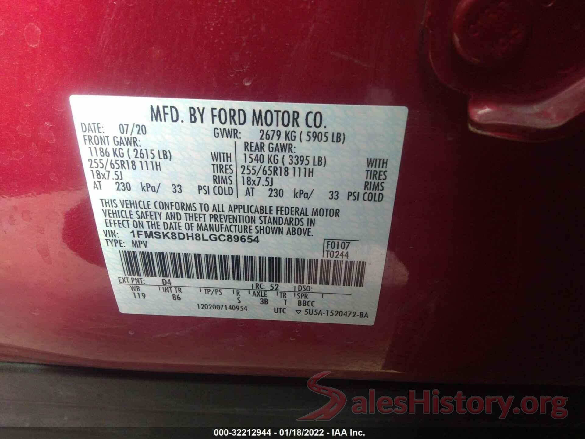 1FMSK8DH8LGC89654 2020 FORD EXPLORER