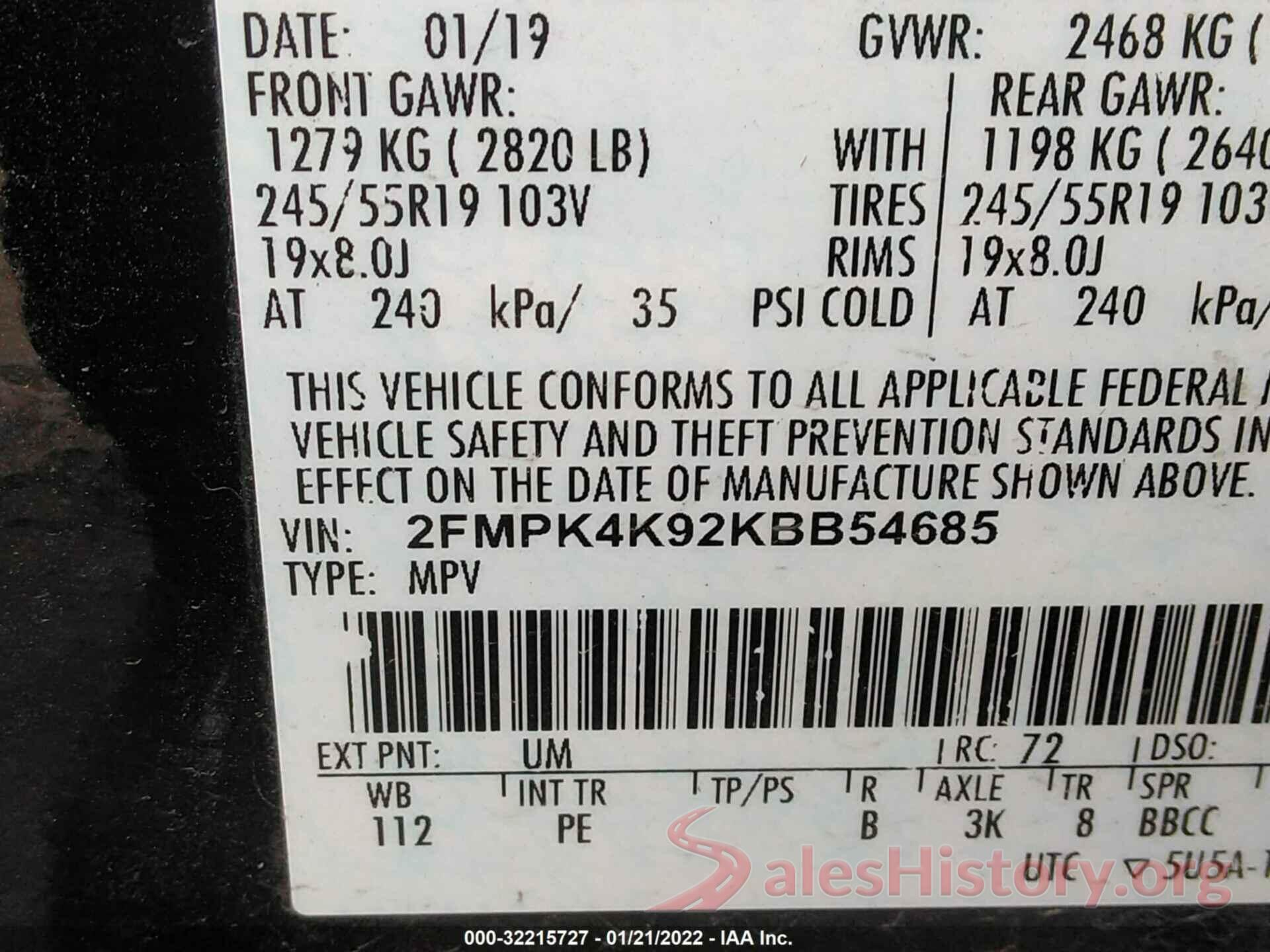 2FMPK4K92KBB54685 2019 FORD EDGE