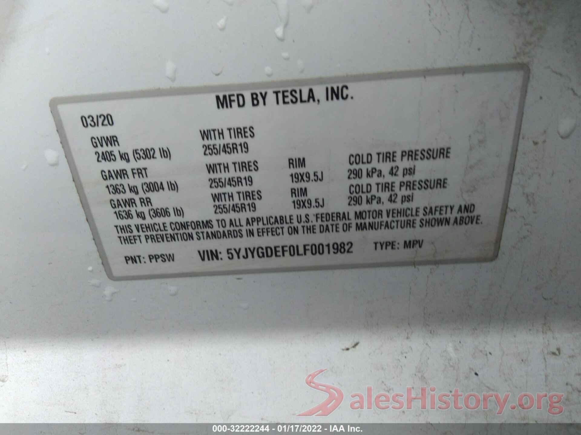 5YJYGDEF0LF001982 2020 TESLA MODEL Y