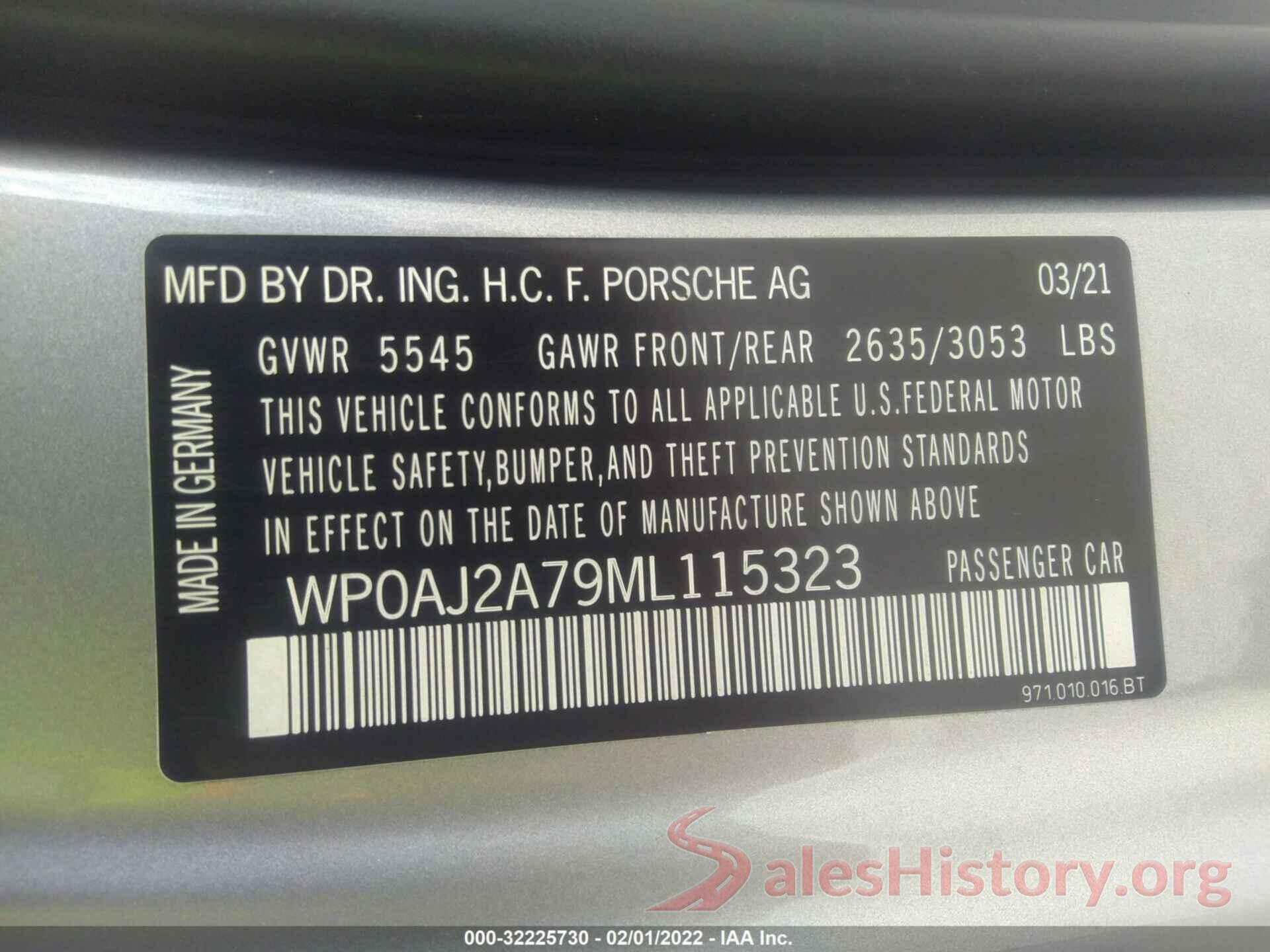 WP0AJ2A79ML115323 2021 PORSCHE PANAMERA