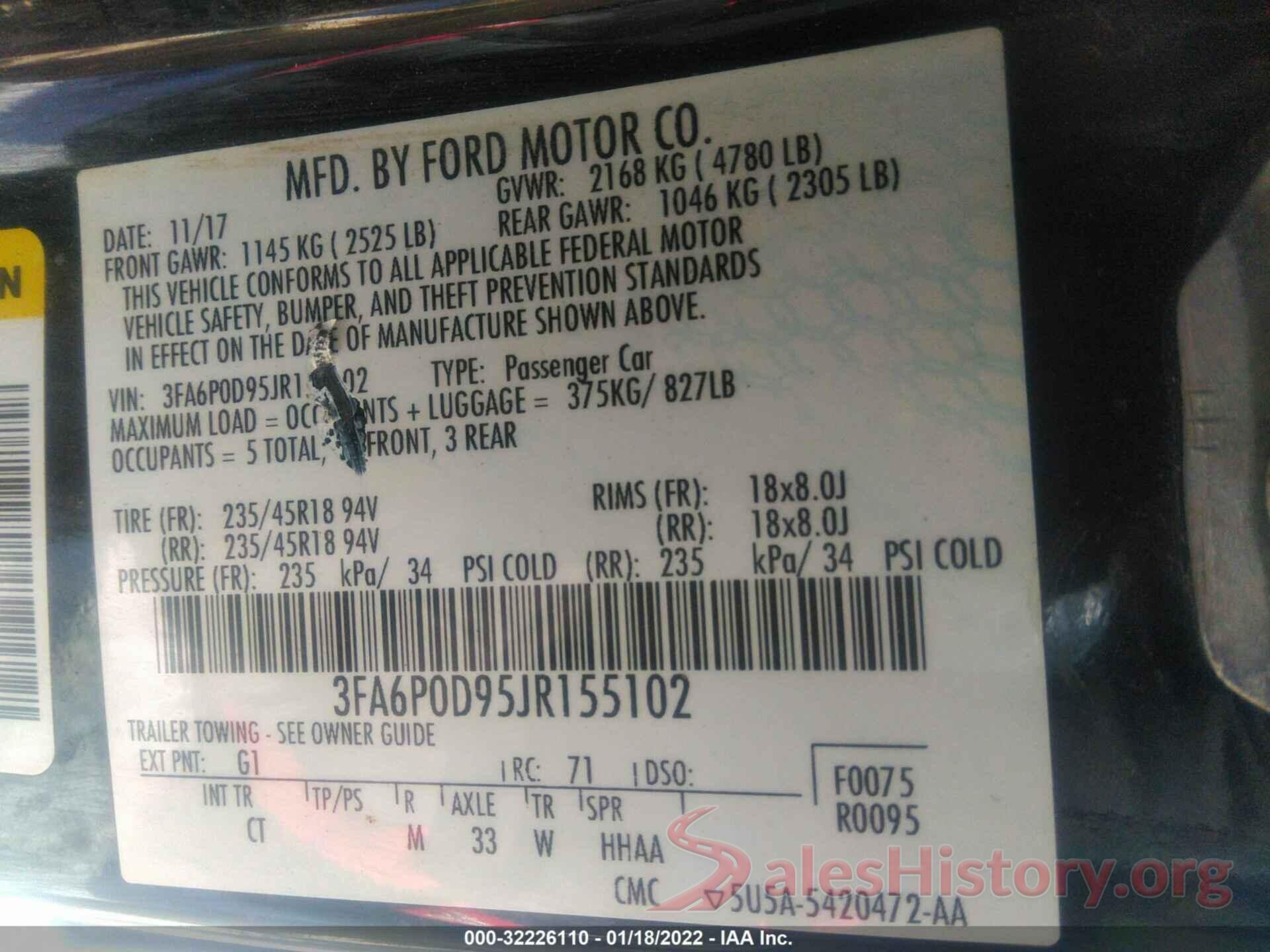 3FA6P0D95JR155102 2018 FORD FUSION