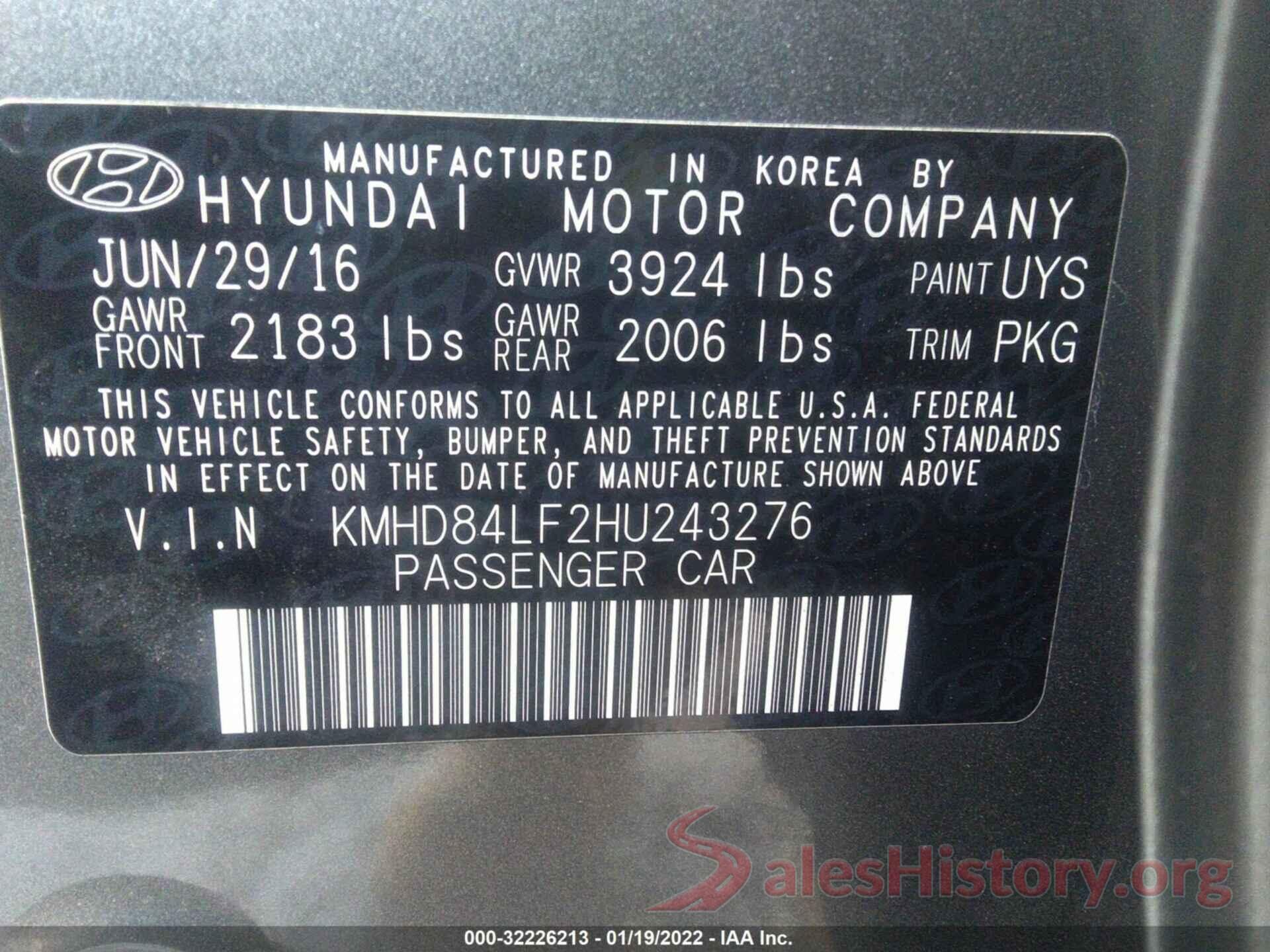 KMHD84LF2HU243276 2017 HYUNDAI ELANTRA