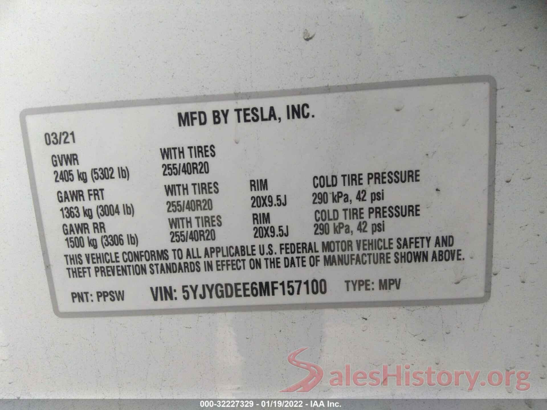 5YJYGDEE6MF157100 2021 TESLA MODEL Y