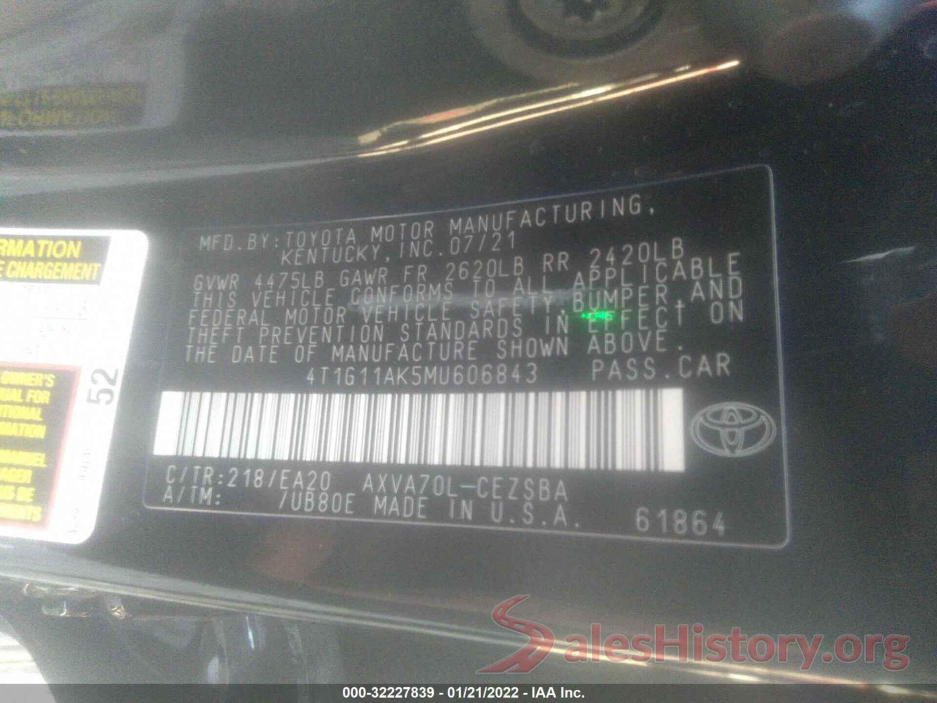 4T1G11AK5MU606843 2021 TOYOTA CAMRY