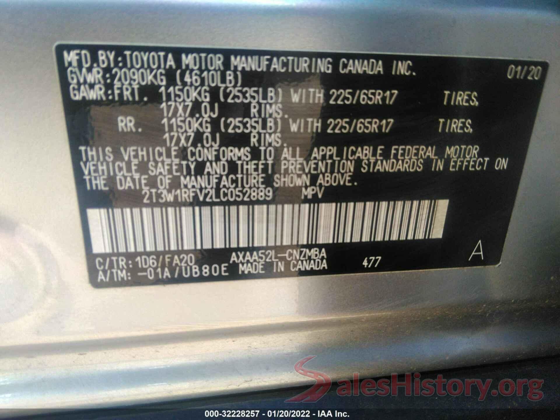 2T3W1RFV2LC052889 2020 TOYOTA RAV4