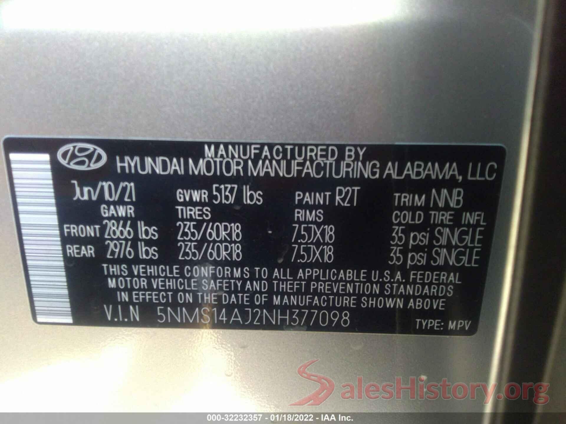 5NMS14AJ2NH377098 2022 HYUNDAI SANTA FE