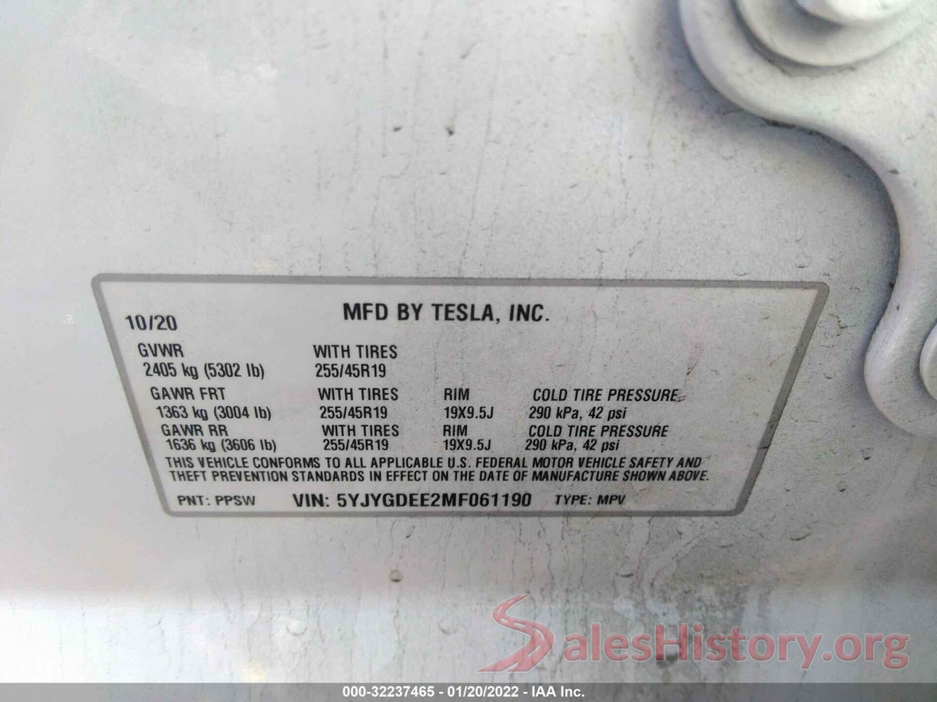 5YJYGDEE2MF061190 2021 TESLA MODEL Y