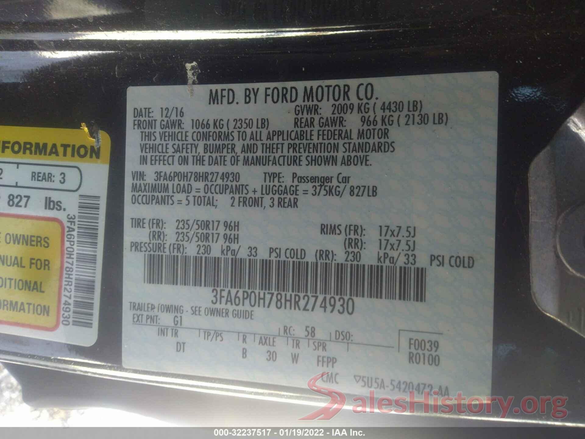 3FA6P0H78HR274930 2017 FORD FUSION