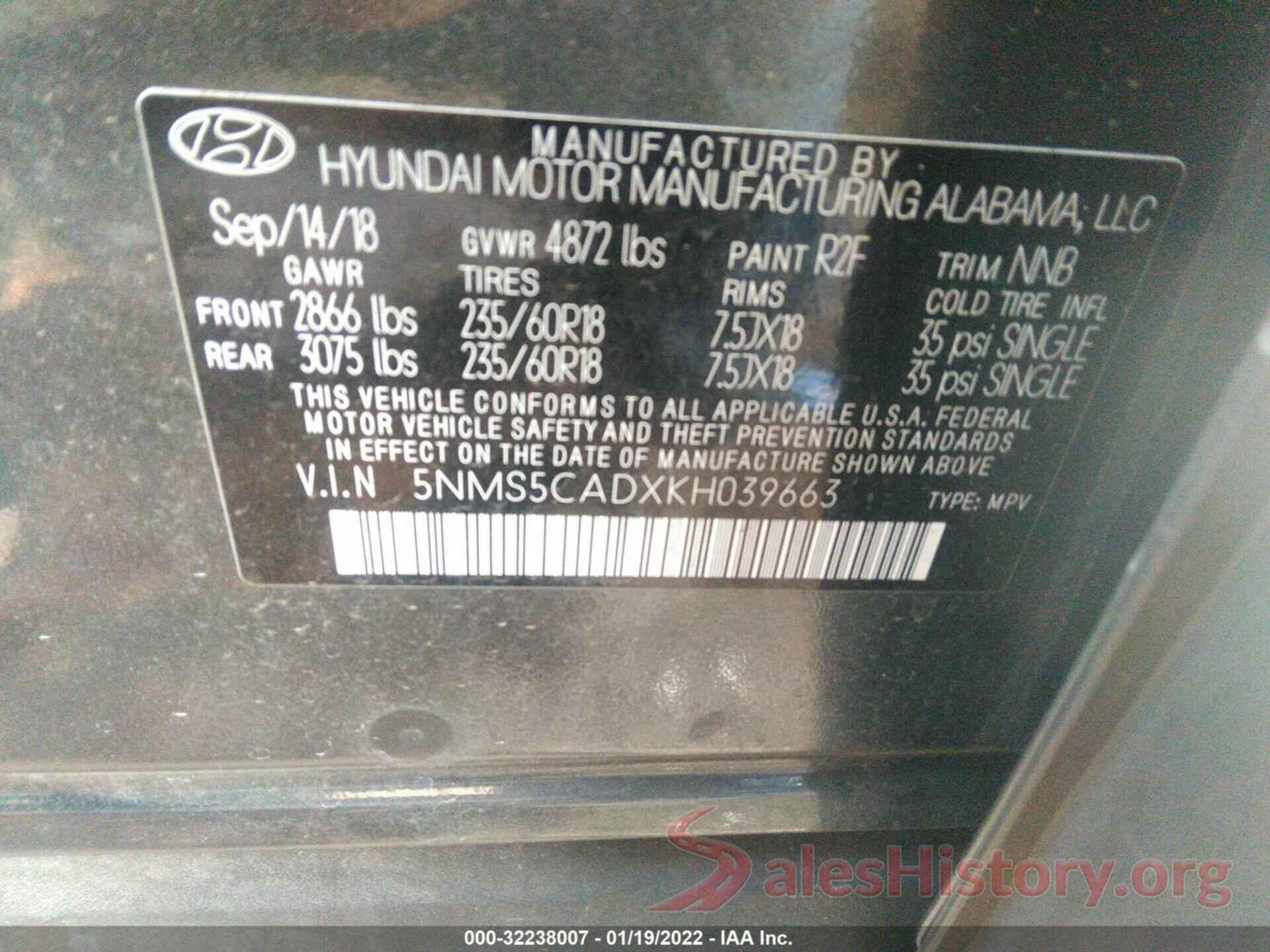 5NMS5CADXKH039663 2019 HYUNDAI SANTA FE