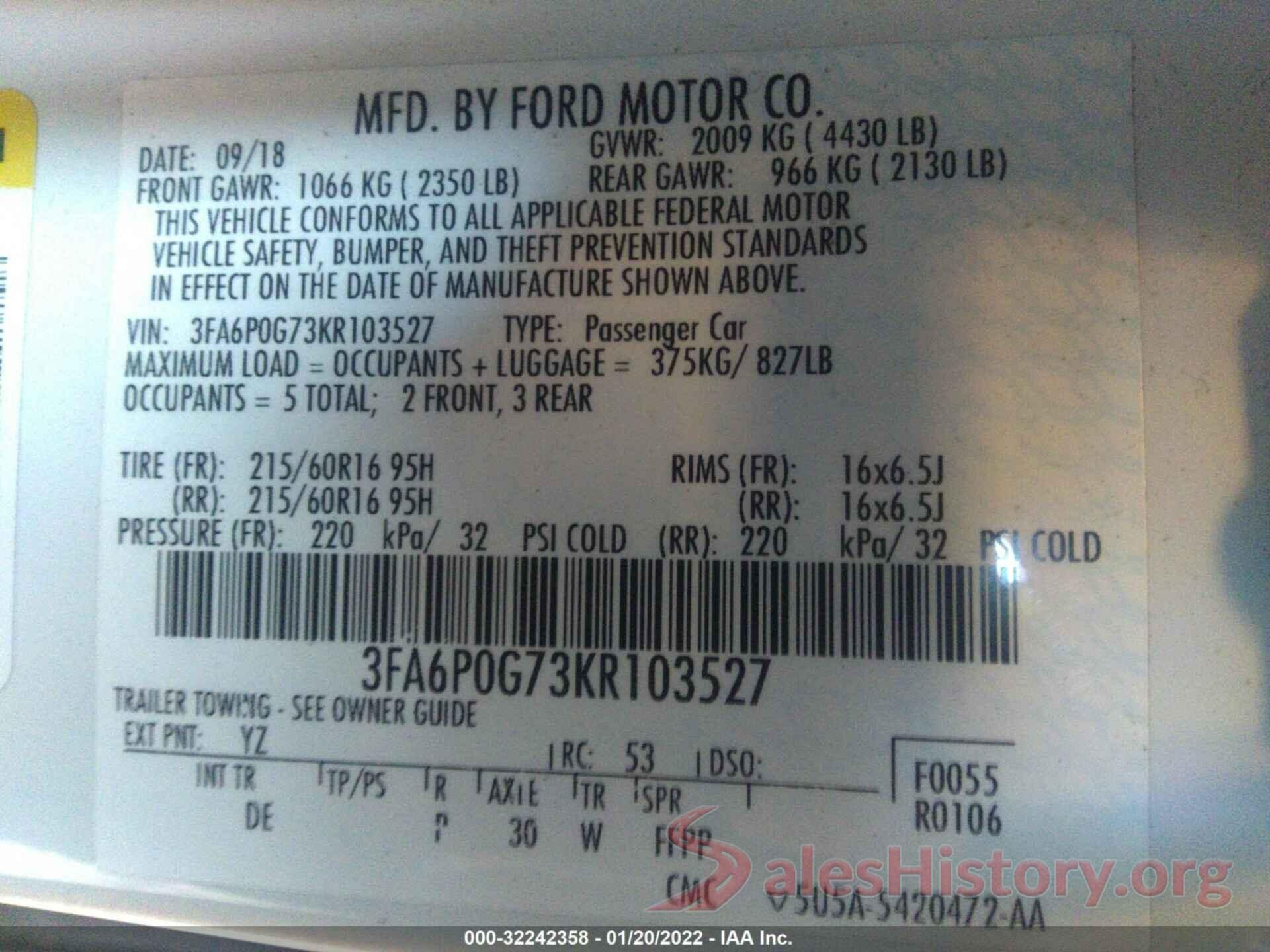 3FA6P0G73KR103527 2019 FORD FUSION