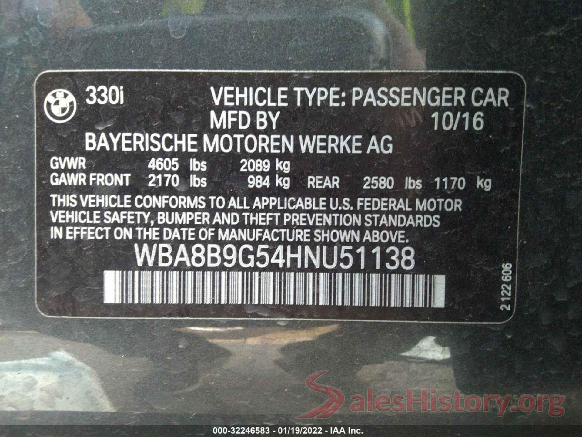 WBA8B9G54HNU51138 2017 BMW 3 SERIES