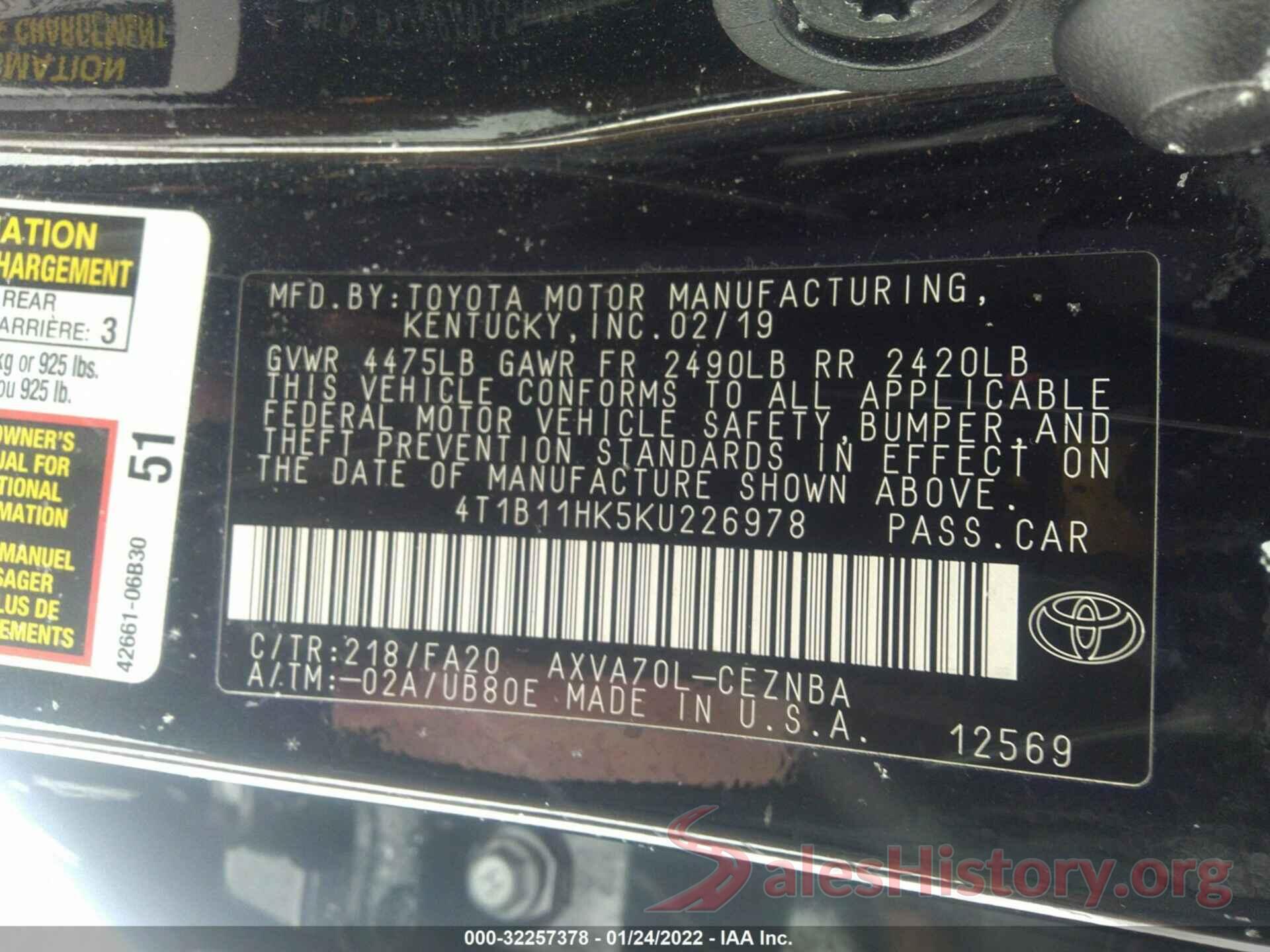 4T1B11HK5KU226978 2019 TOYOTA CAMRY