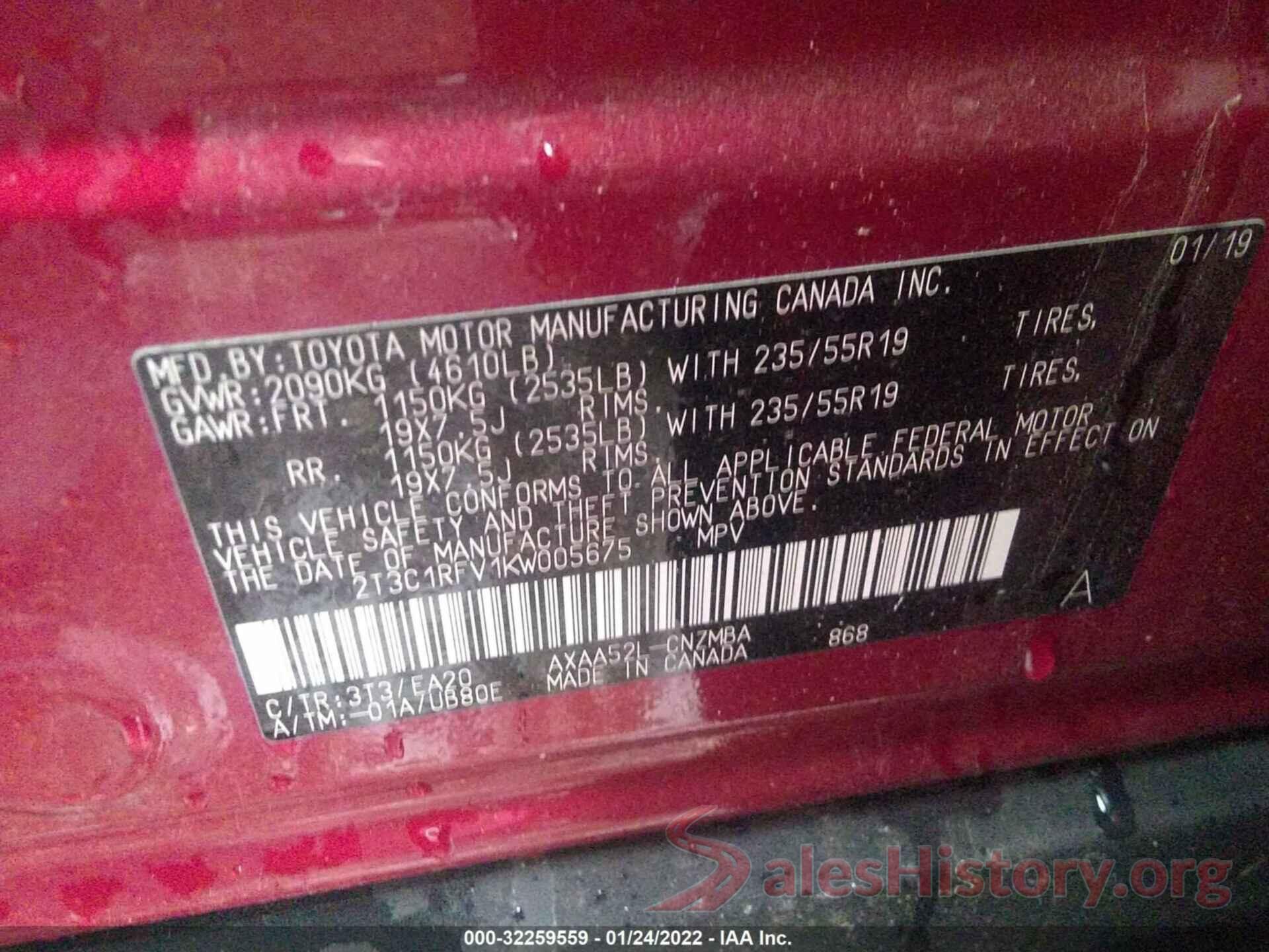 2T3C1RFV1KW005675 2019 TOYOTA RAV4