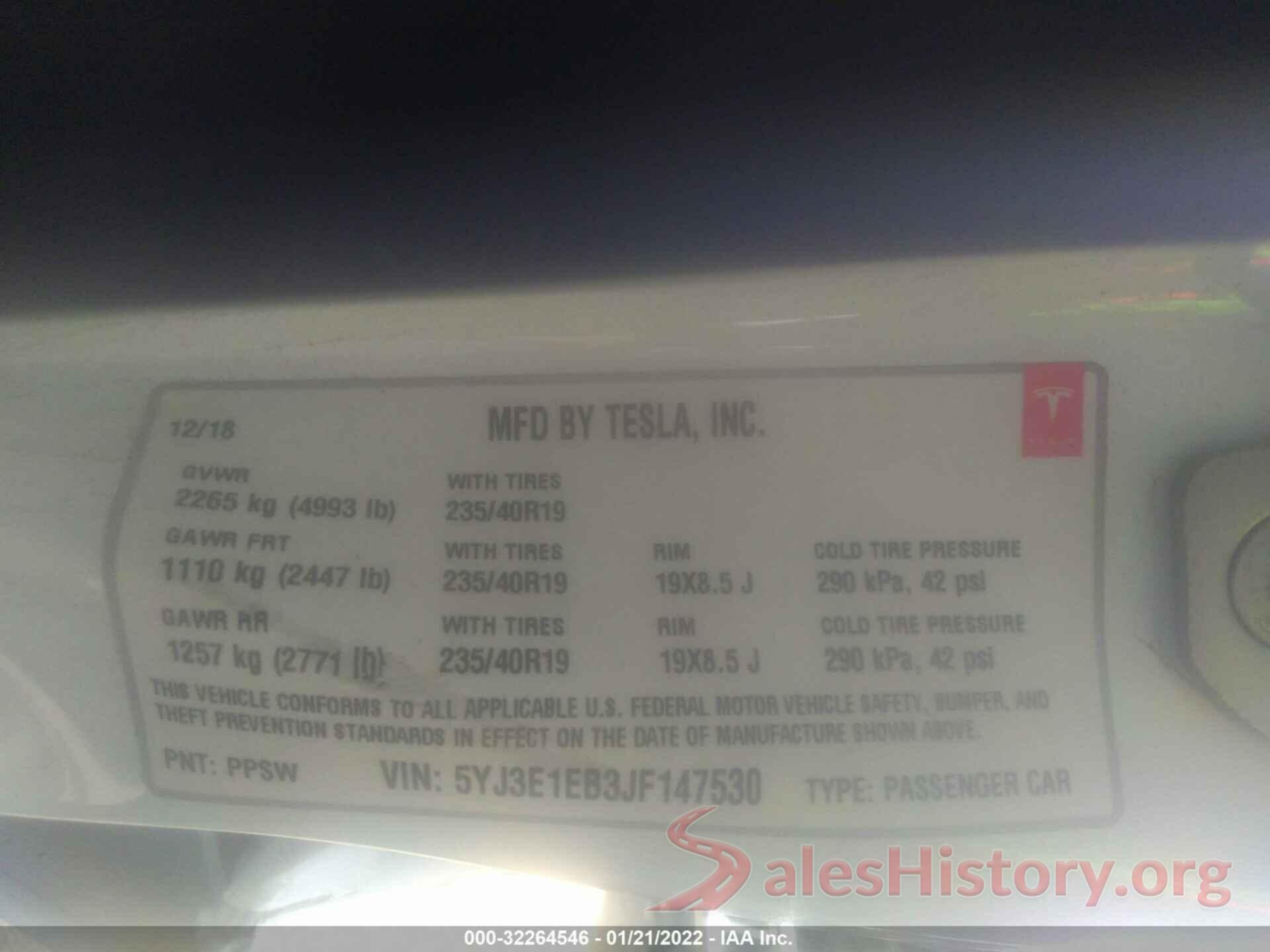 5YJ3E1EB3JF147530 2018 TESLA MODEL 3