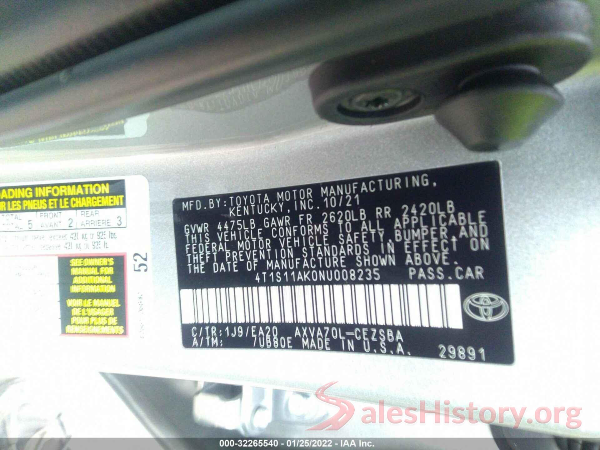 4T1S11AK0NU008235 2022 TOYOTA CAMRY