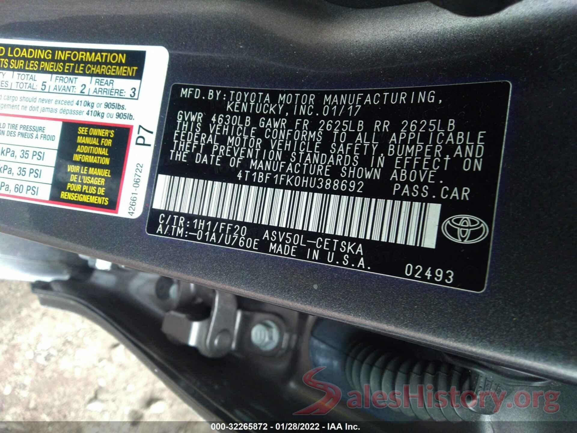 4T1BF1FK0HU388692 2017 TOYOTA CAMRY