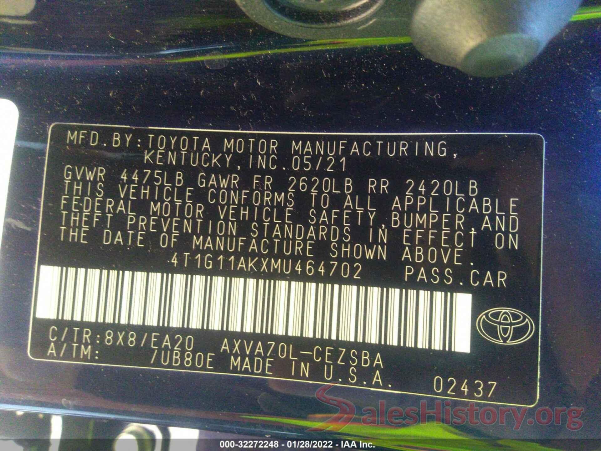 4T1G11AKXMU464702 2021 TOYOTA CAMRY