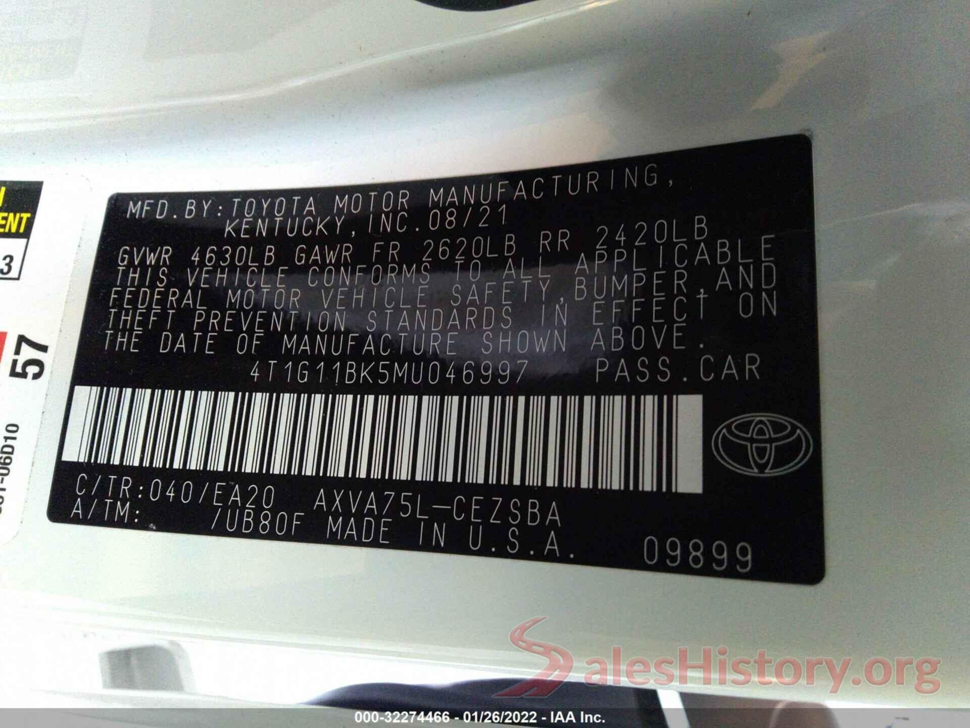 4T1G11BK5MU046997 2021 TOYOTA CAMRY