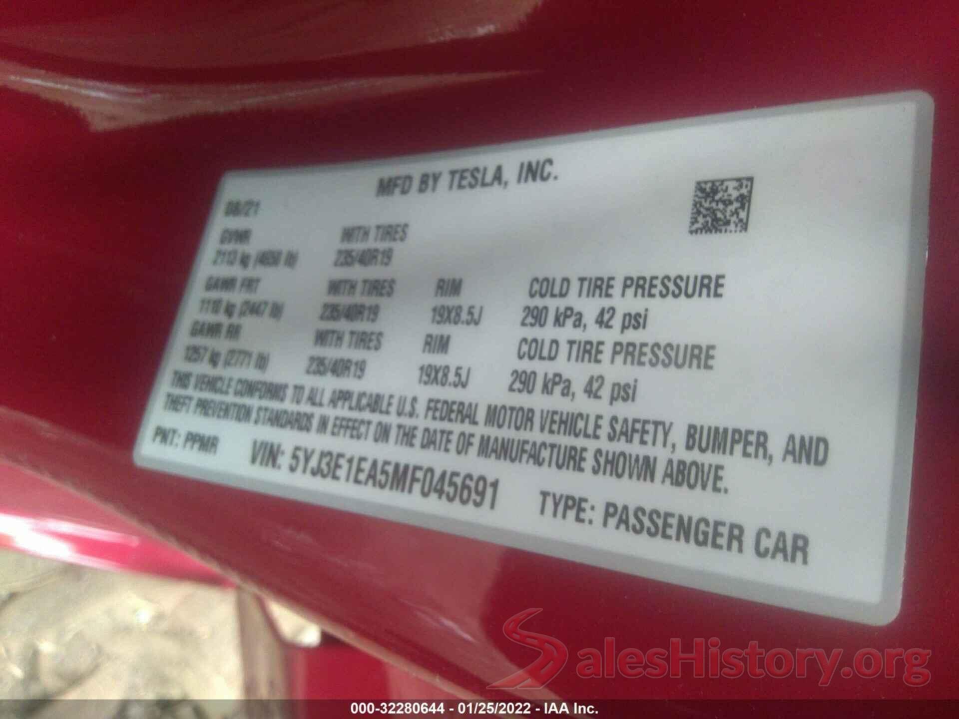 5YJ3E1EA5MF045691 2021 TESLA MODEL 3