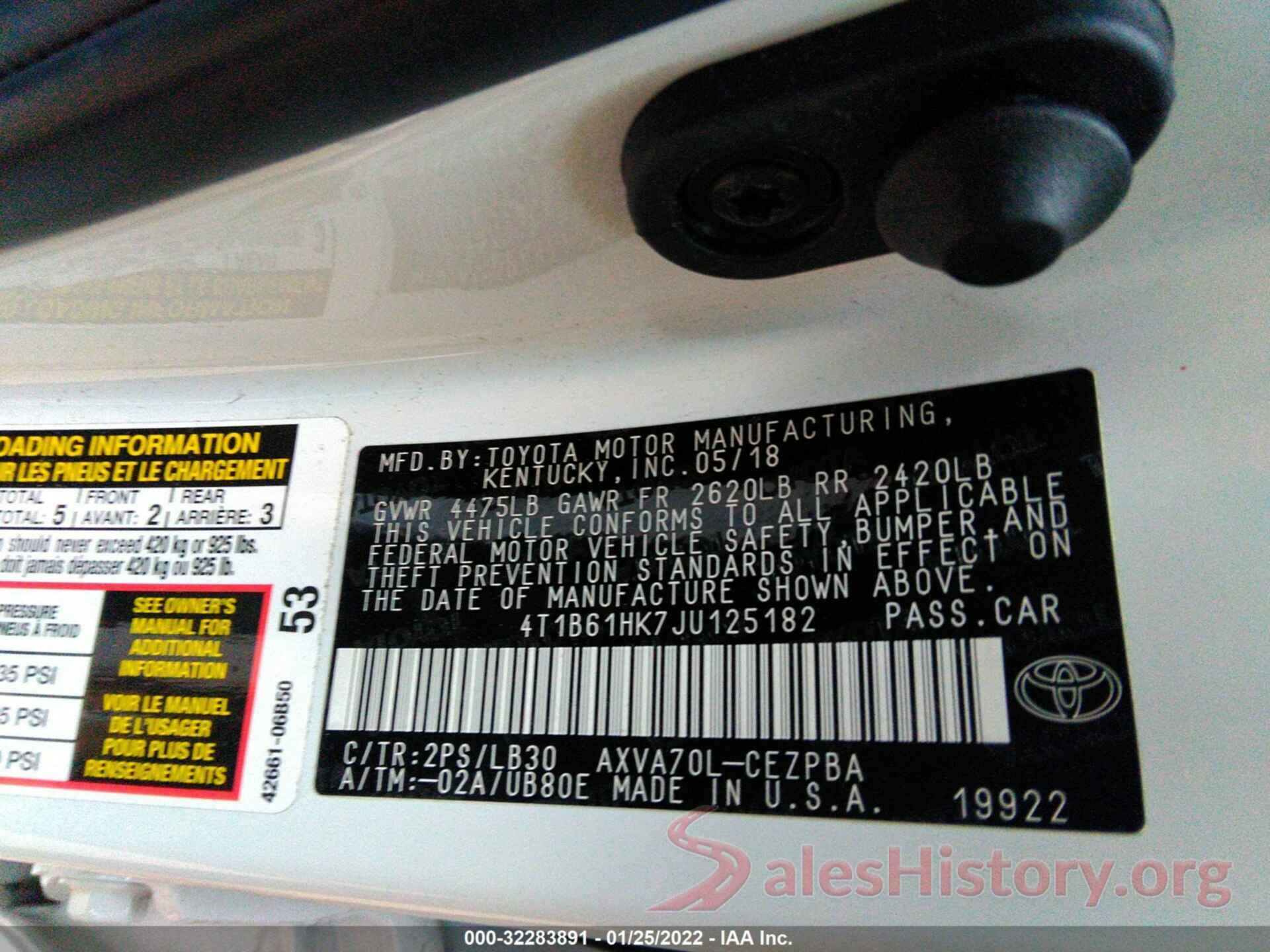 4T1B61HK7JU125182 2018 TOYOTA CAMRY