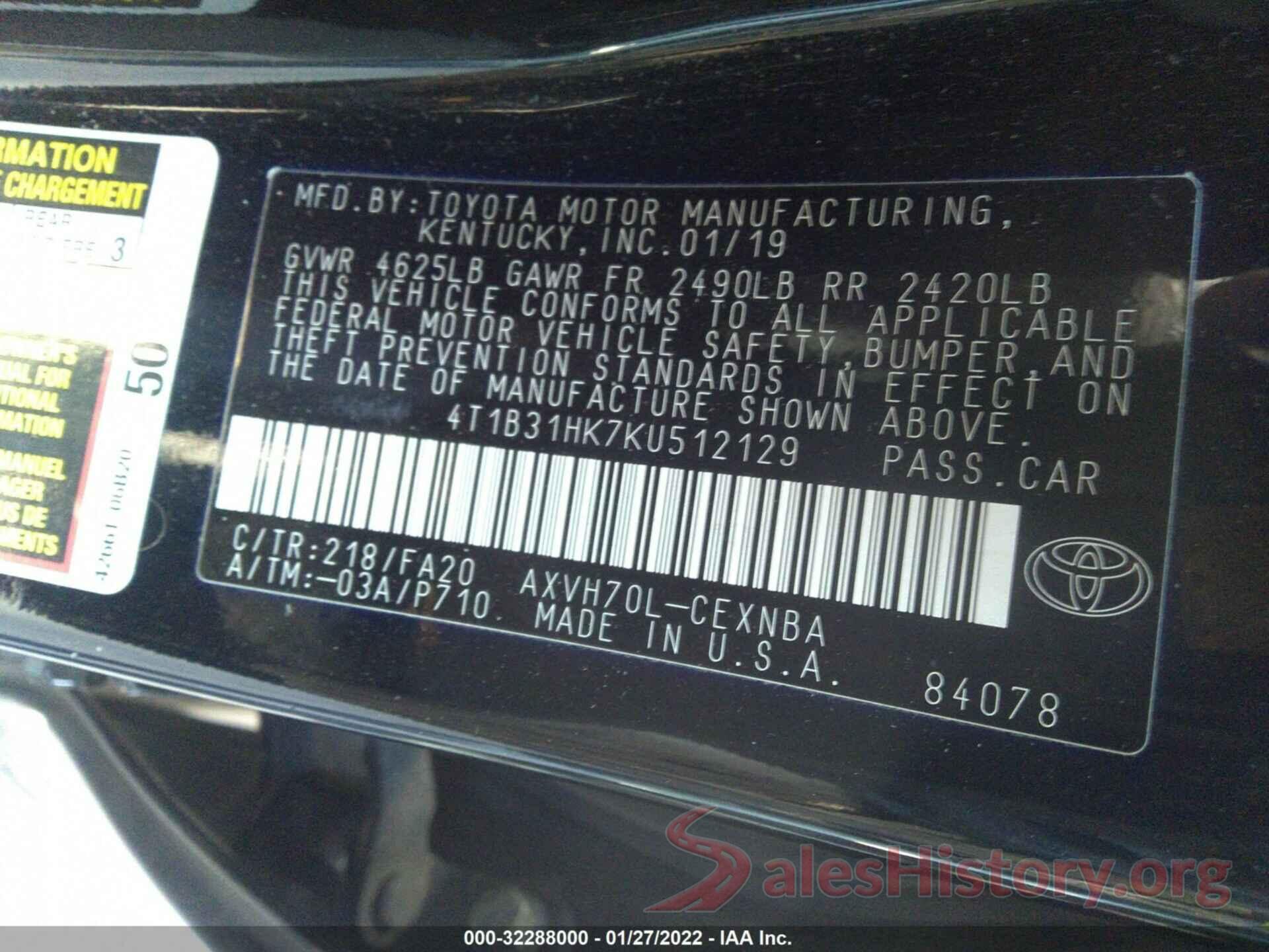 4T1B31HK7KU512129 2019 TOYOTA CAMRY