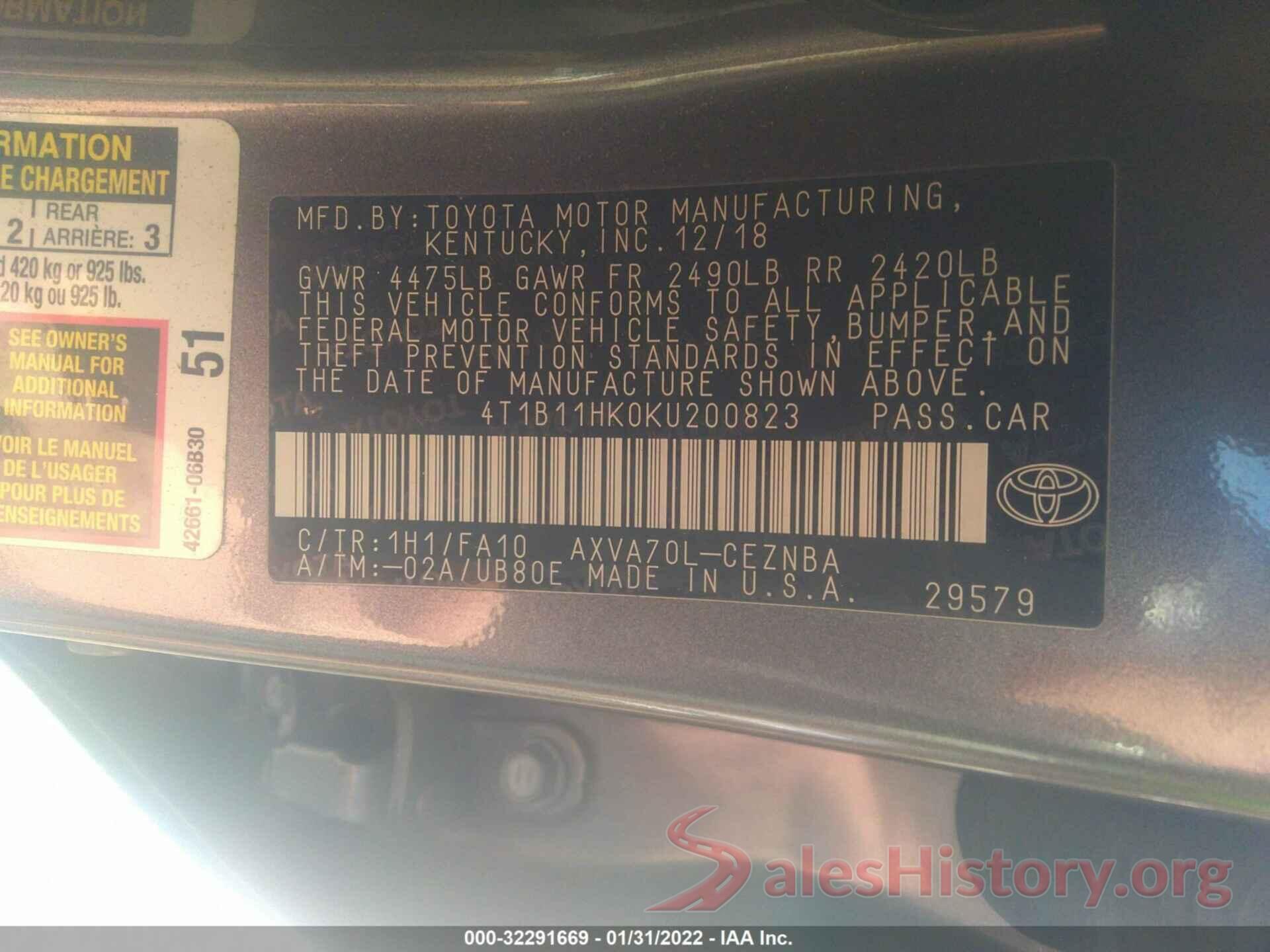 4T1B11HK0KU200823 2019 TOYOTA CAMRY