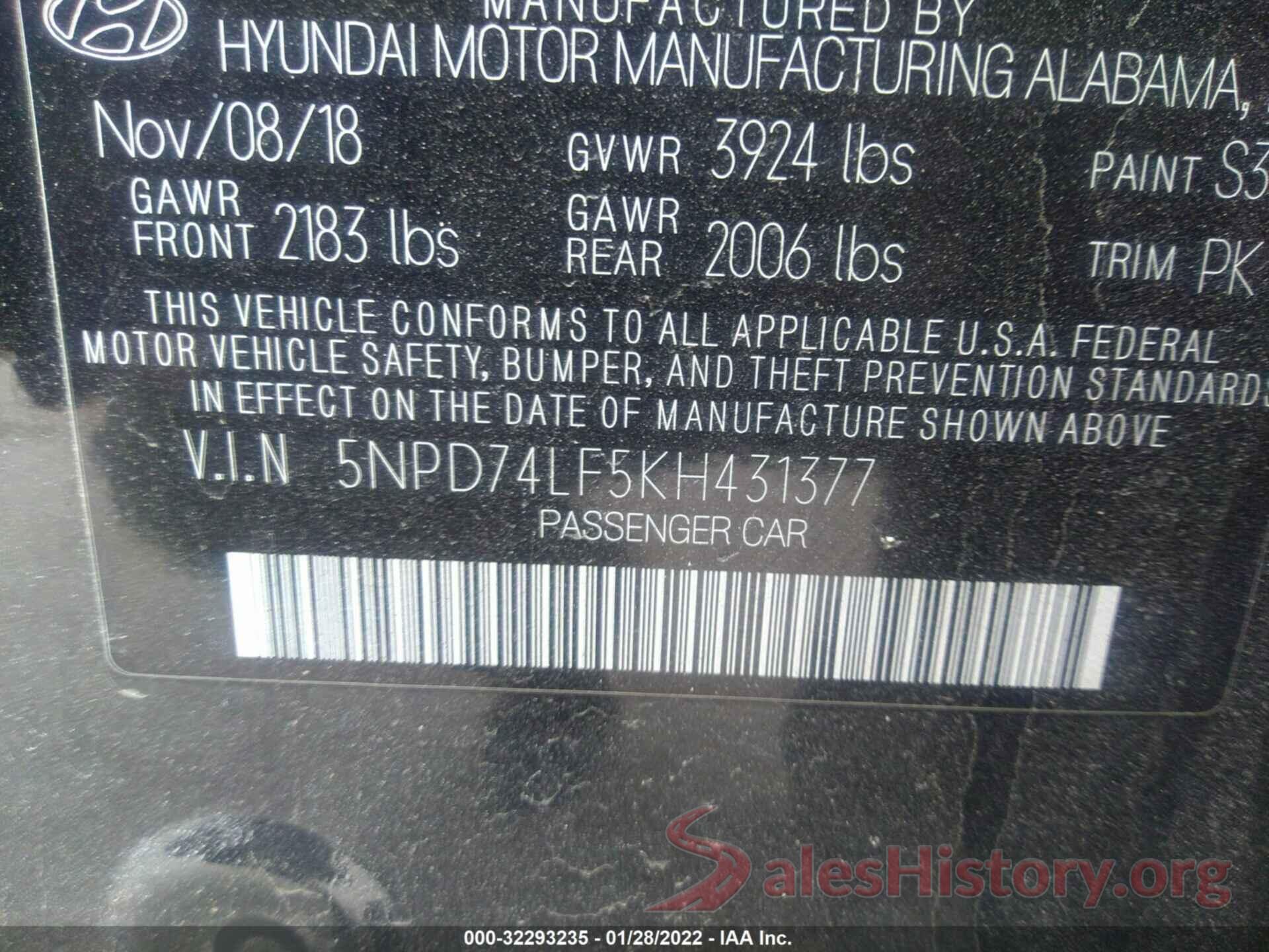 5NPD74LF5KH431377 2019 HYUNDAI ELANTRA