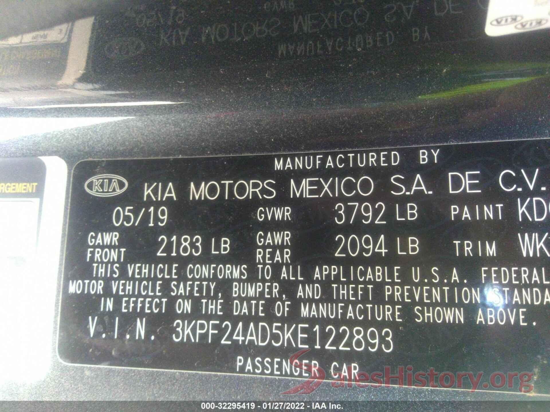 3KPF24AD5KE122893 2019 KIA FORTE