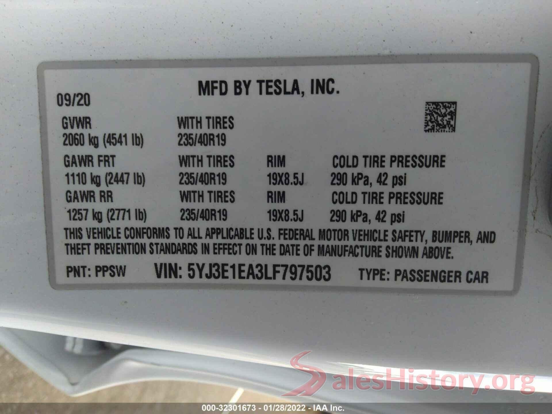 5YJ3E1EA3LF797503 2020 TESLA MODEL 3