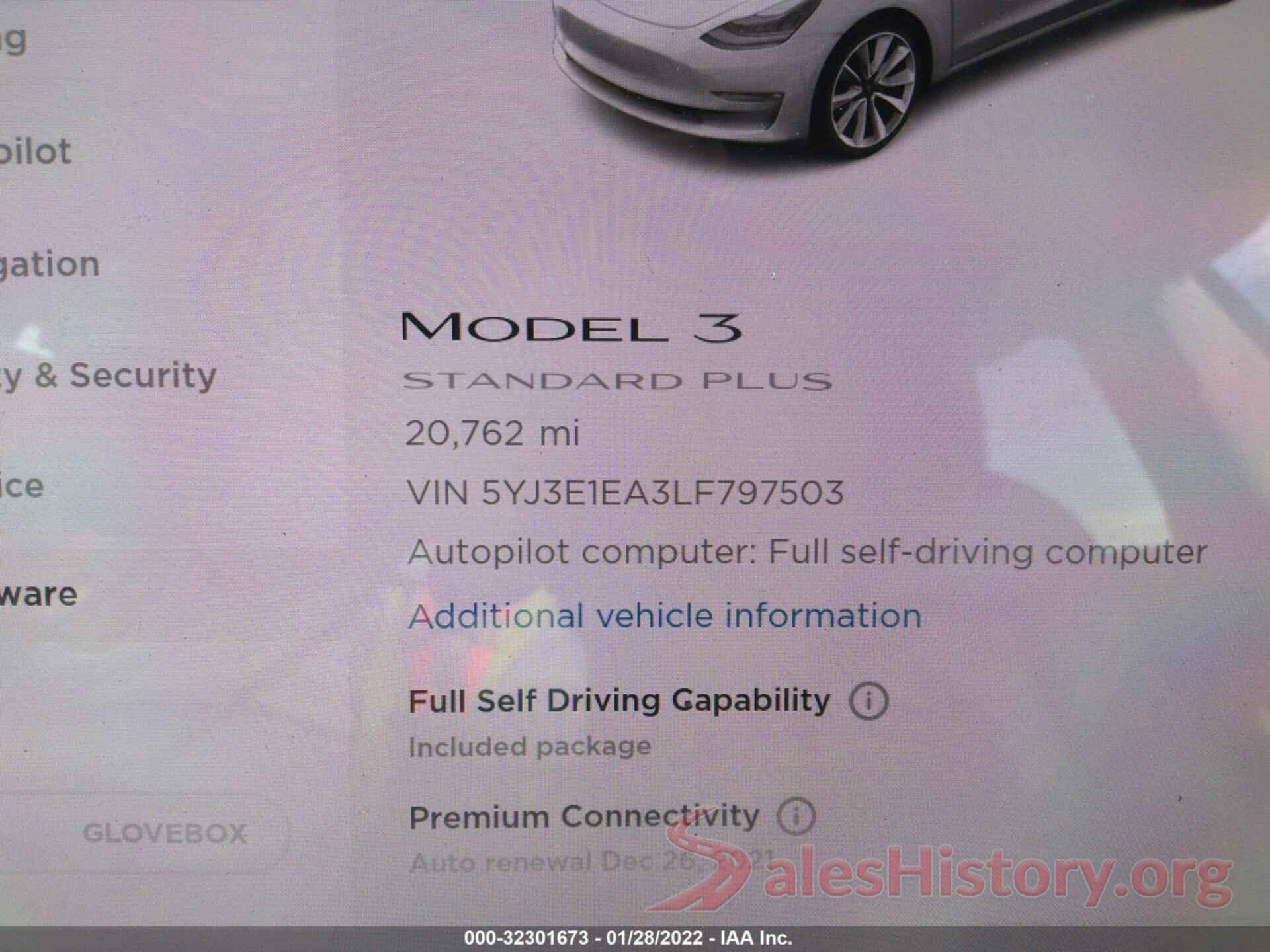 5YJ3E1EA3LF797503 2020 TESLA MODEL 3