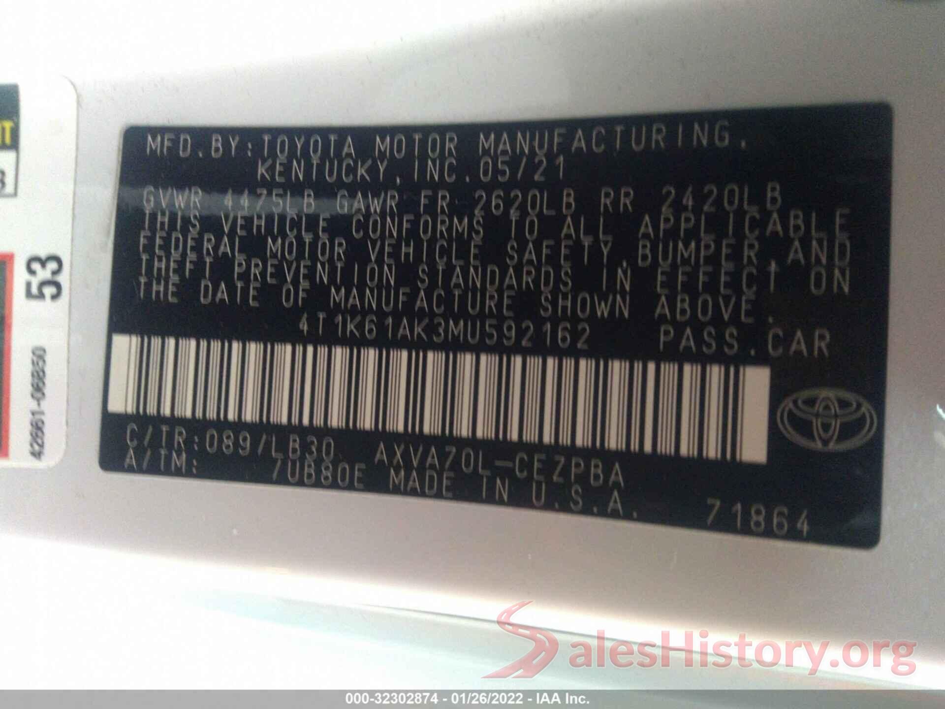 4T1K61AK3MU592162 2021 TOYOTA CAMRY