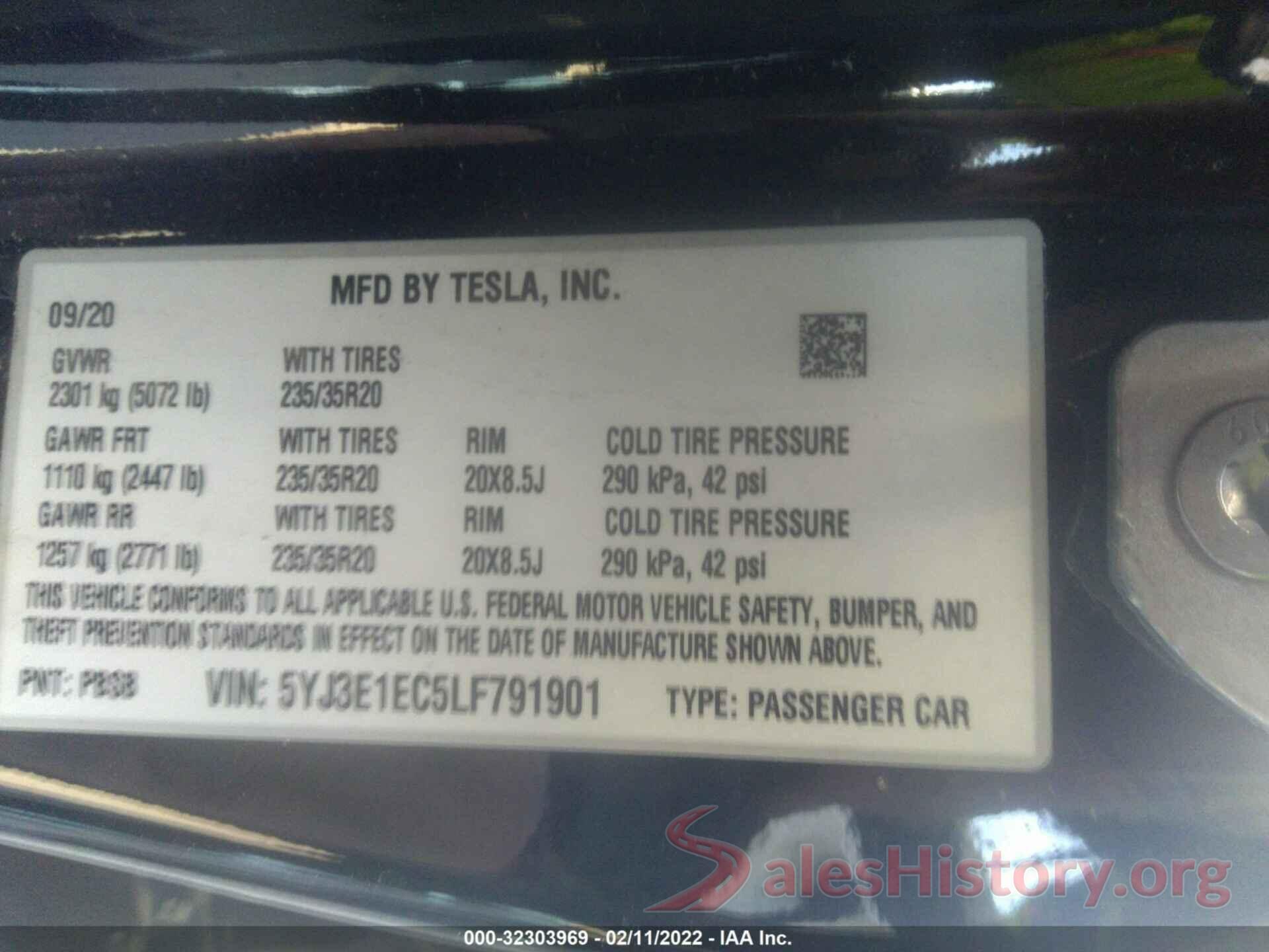 5YJ3E1EC5LF791901 2020 TESLA MODEL 3