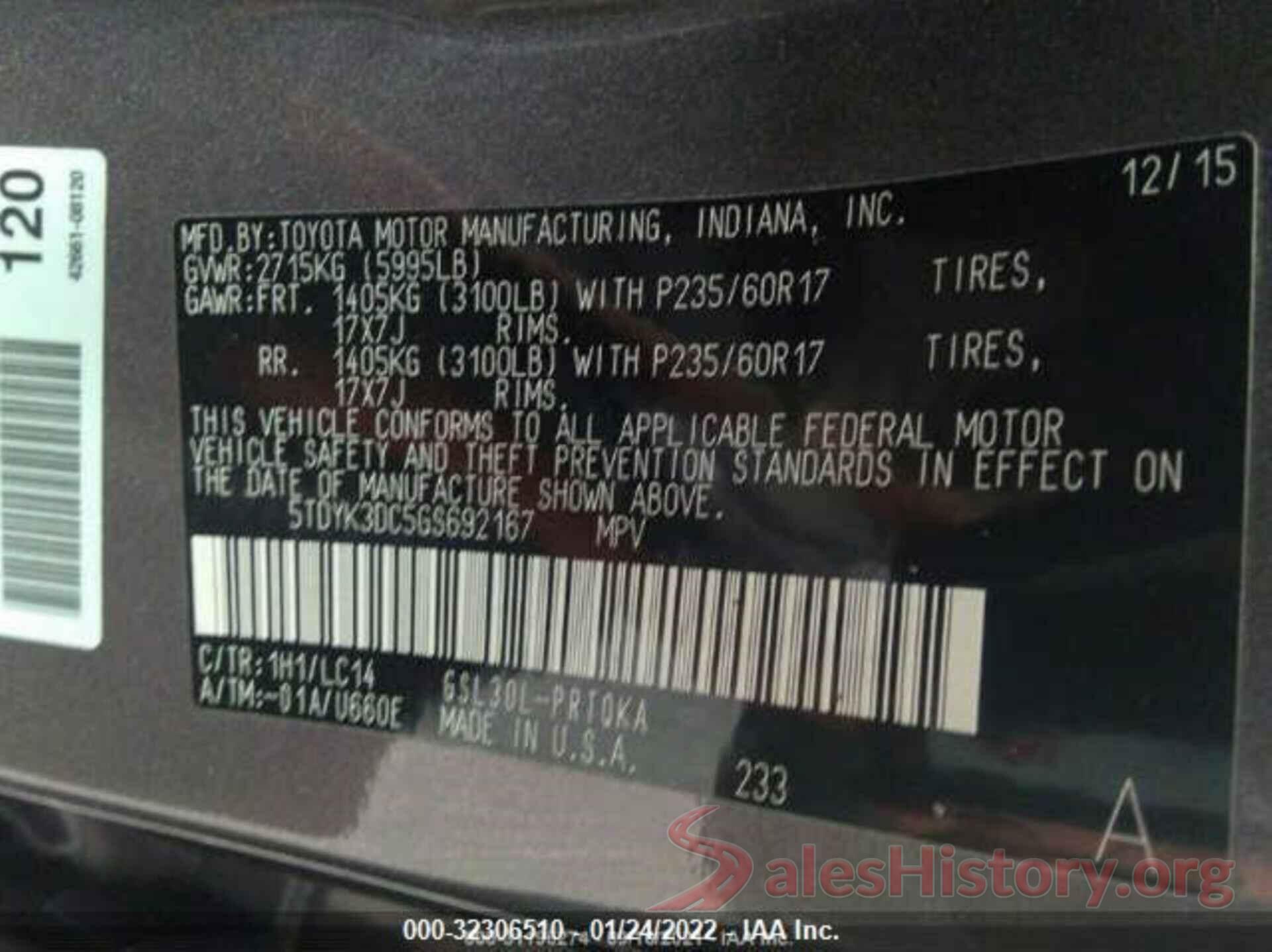 5TDYK3DC5GS692167 2016 TOYOTA SIENNA