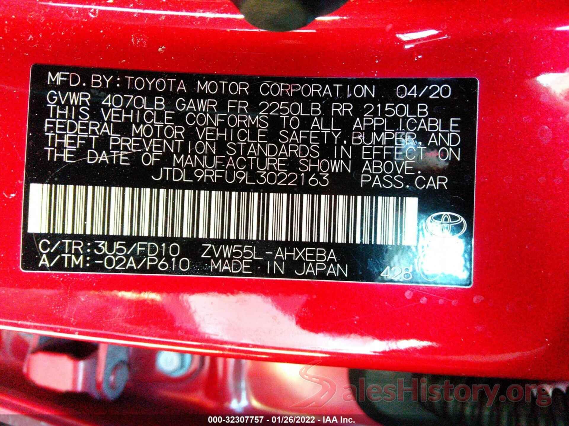 JTDL9RFU9L3022163 2020 TOYOTA PRIUS