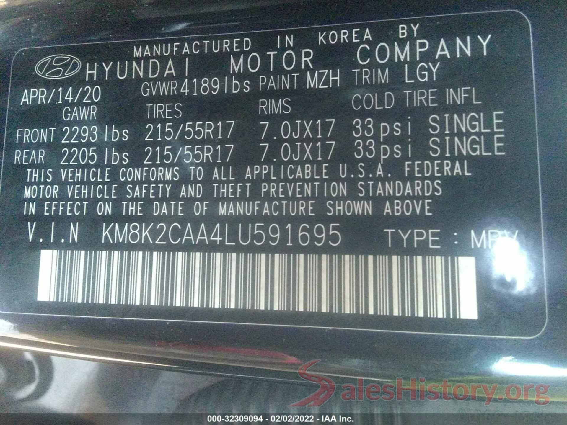 KM8K2CAA4LU591695 2020 HYUNDAI KONA