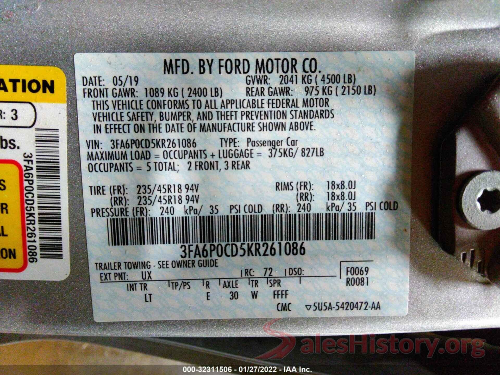 3FA6P0CD5KR261086 2019 FORD FUSION