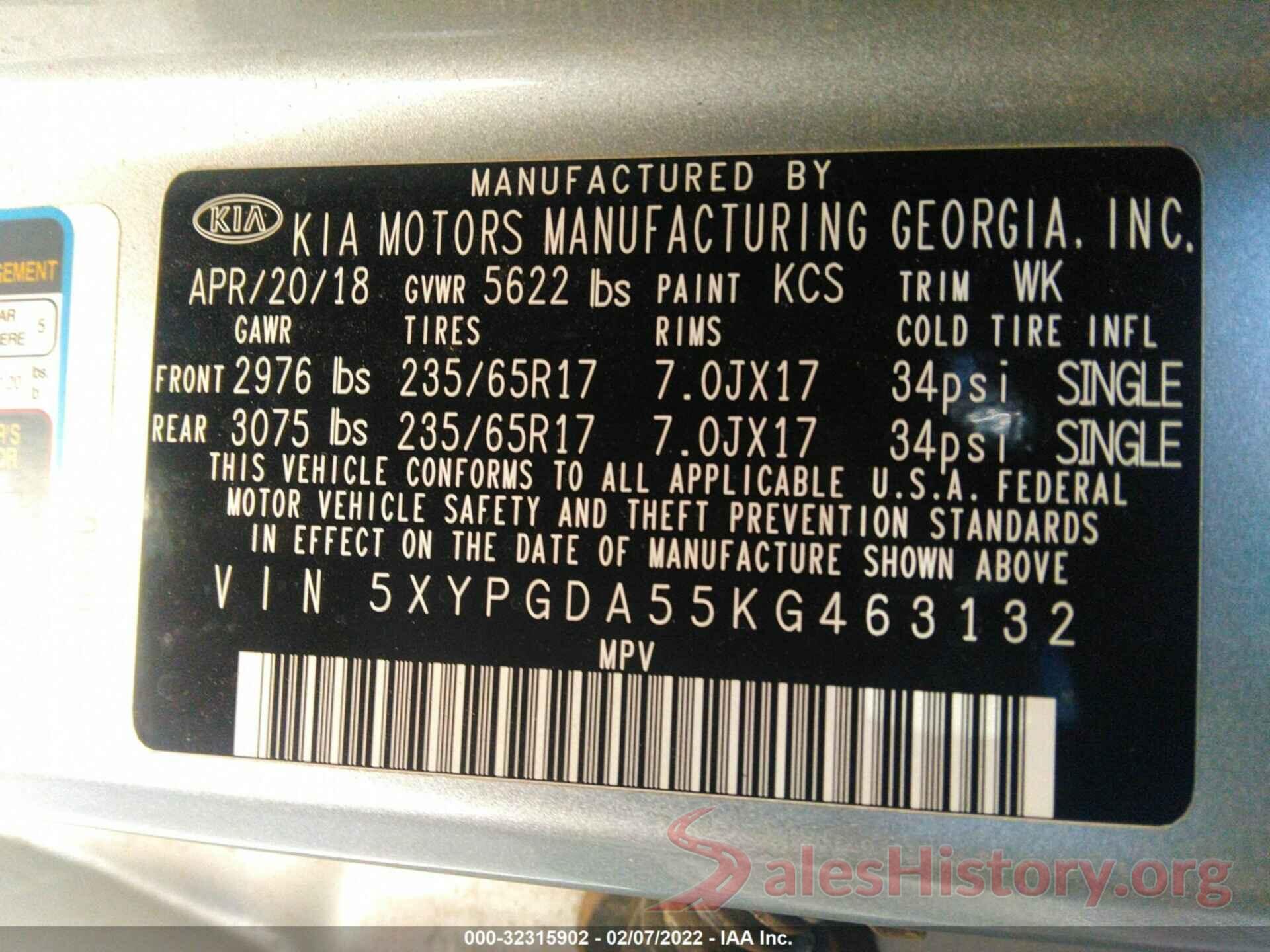 5XYPGDA55KG463132 2019 KIA SORENTO