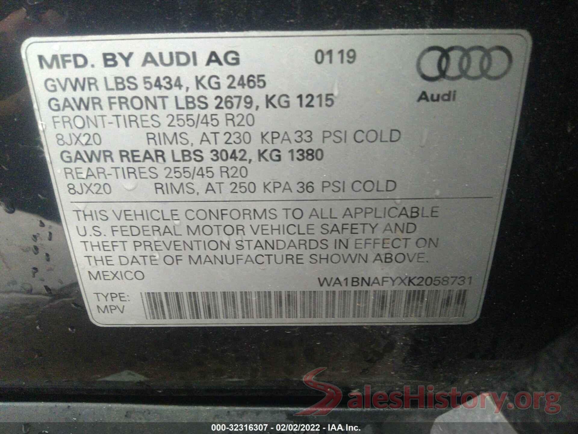 WA1BNAFYXK2058731 2019 AUDI Q5