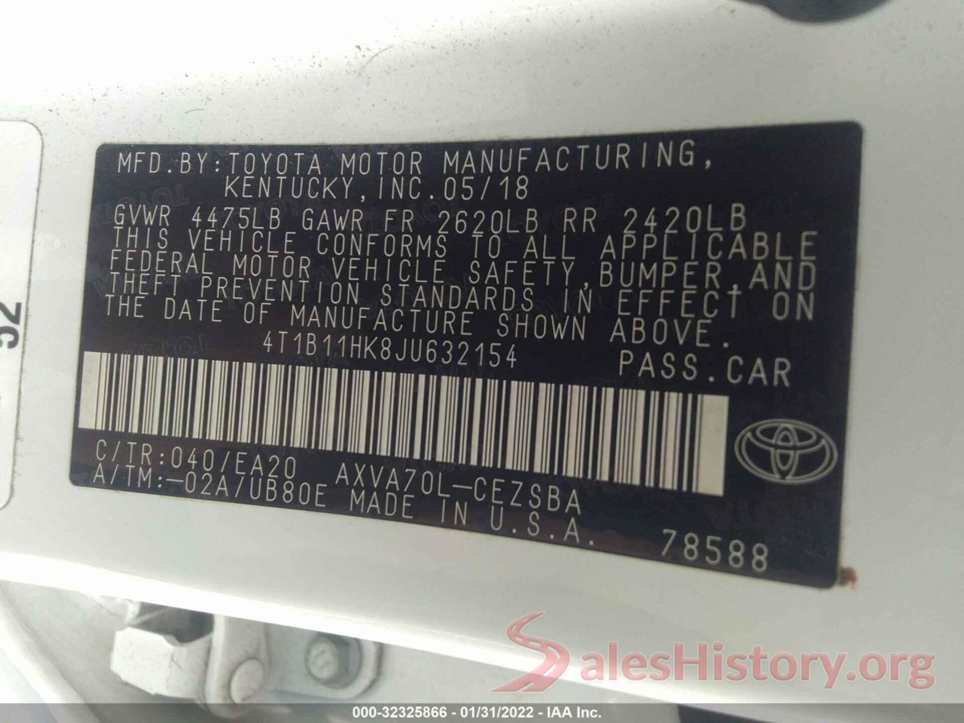 4T1B11HK8JU632154 2018 TOYOTA CAMRY