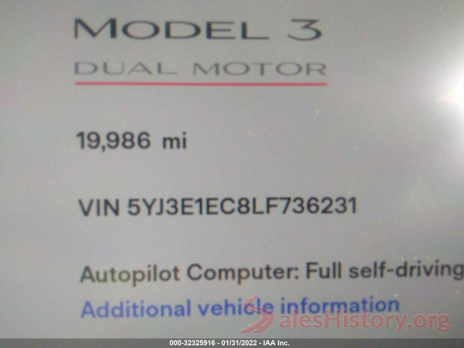 5YJ3E1EC8LF736231 2020 TESLA MODEL 3