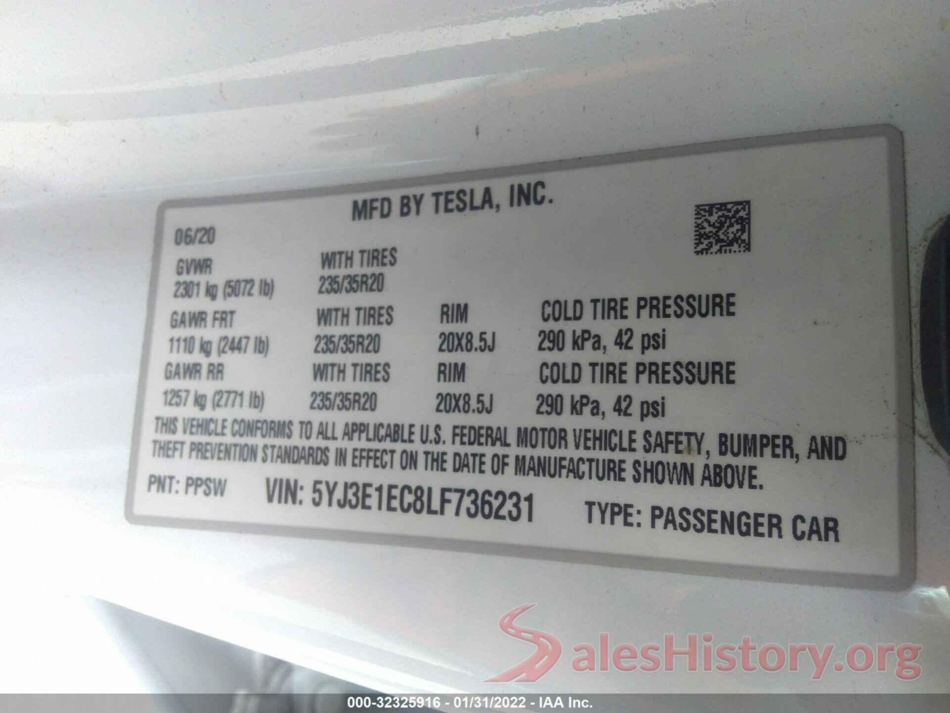 5YJ3E1EC8LF736231 2020 TESLA MODEL 3