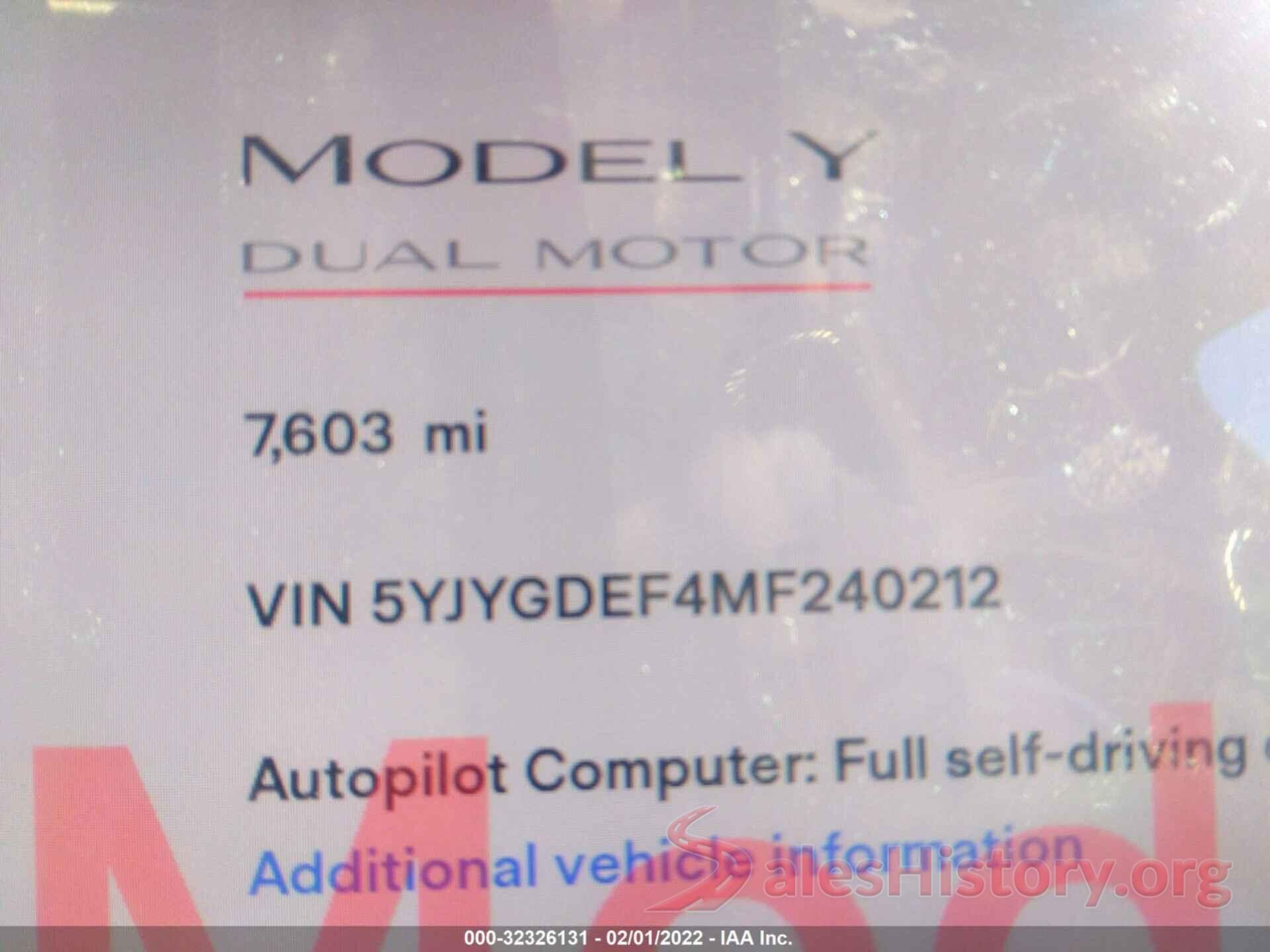 5YJYGDEF4MF240212 2021 TESLA MODEL Y