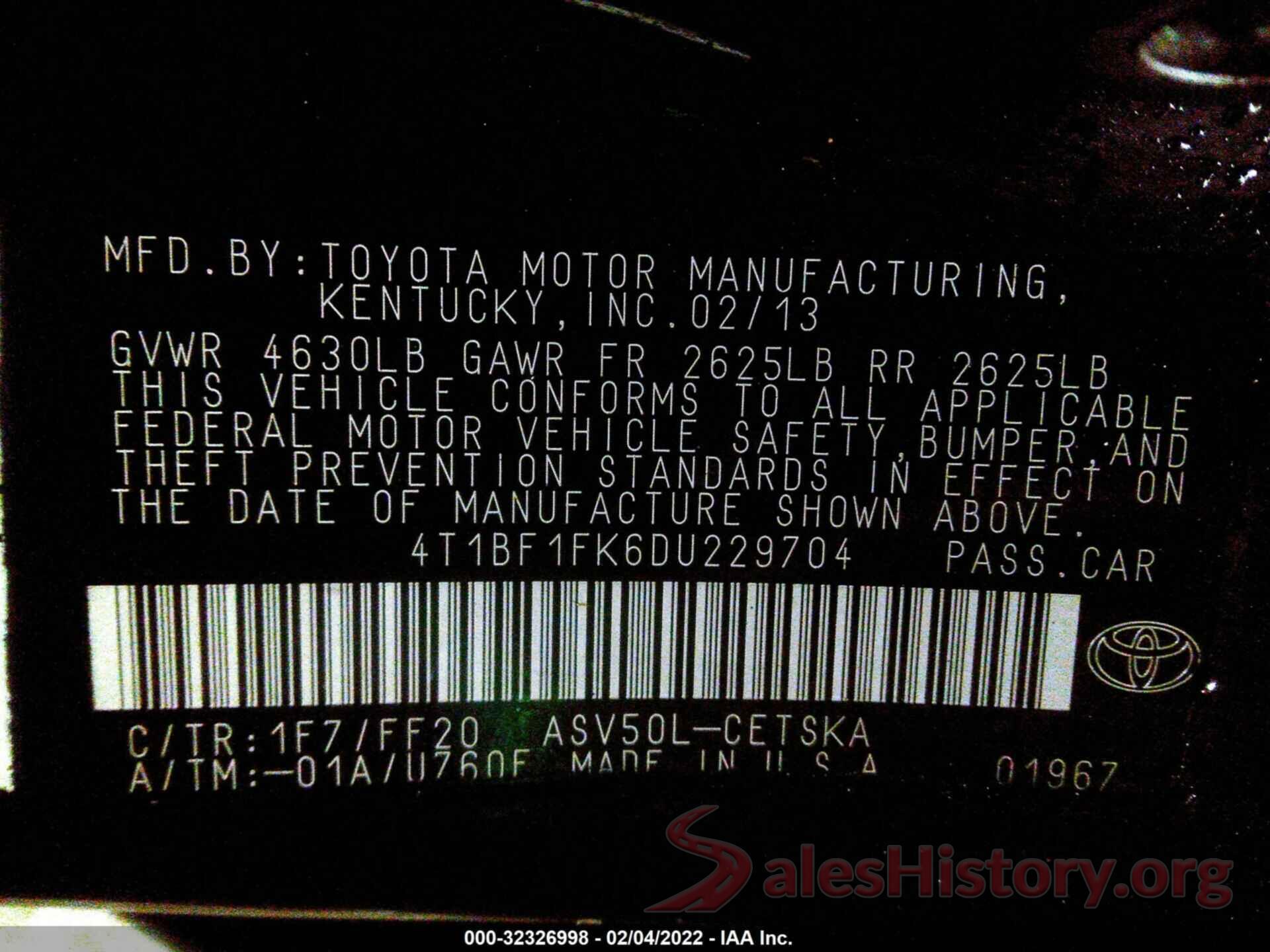 4T1BF1FK6DU229704 2013 TOYOTA CAMRY