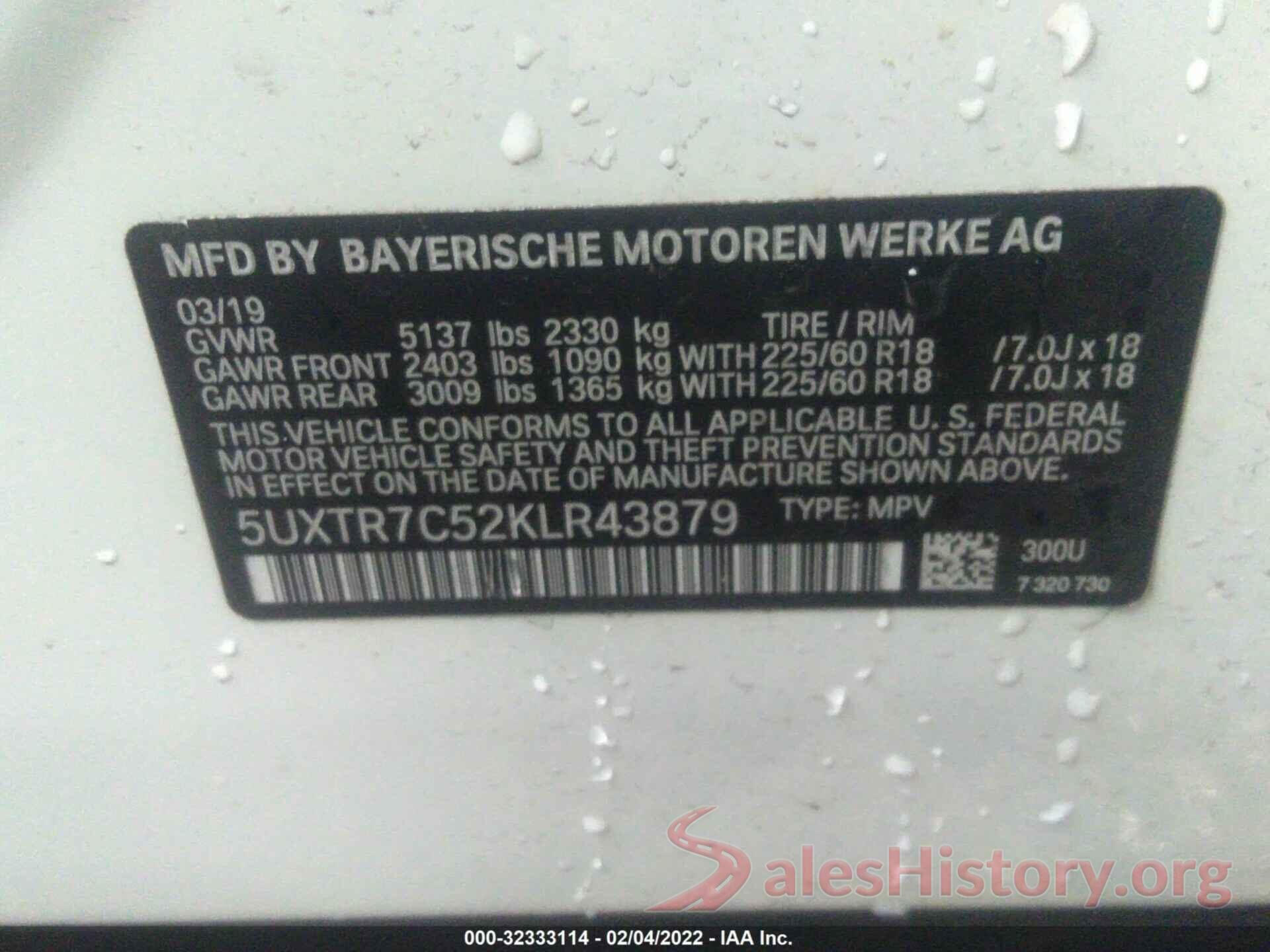 5UXTR7C52KLR43879 2019 BMW X3