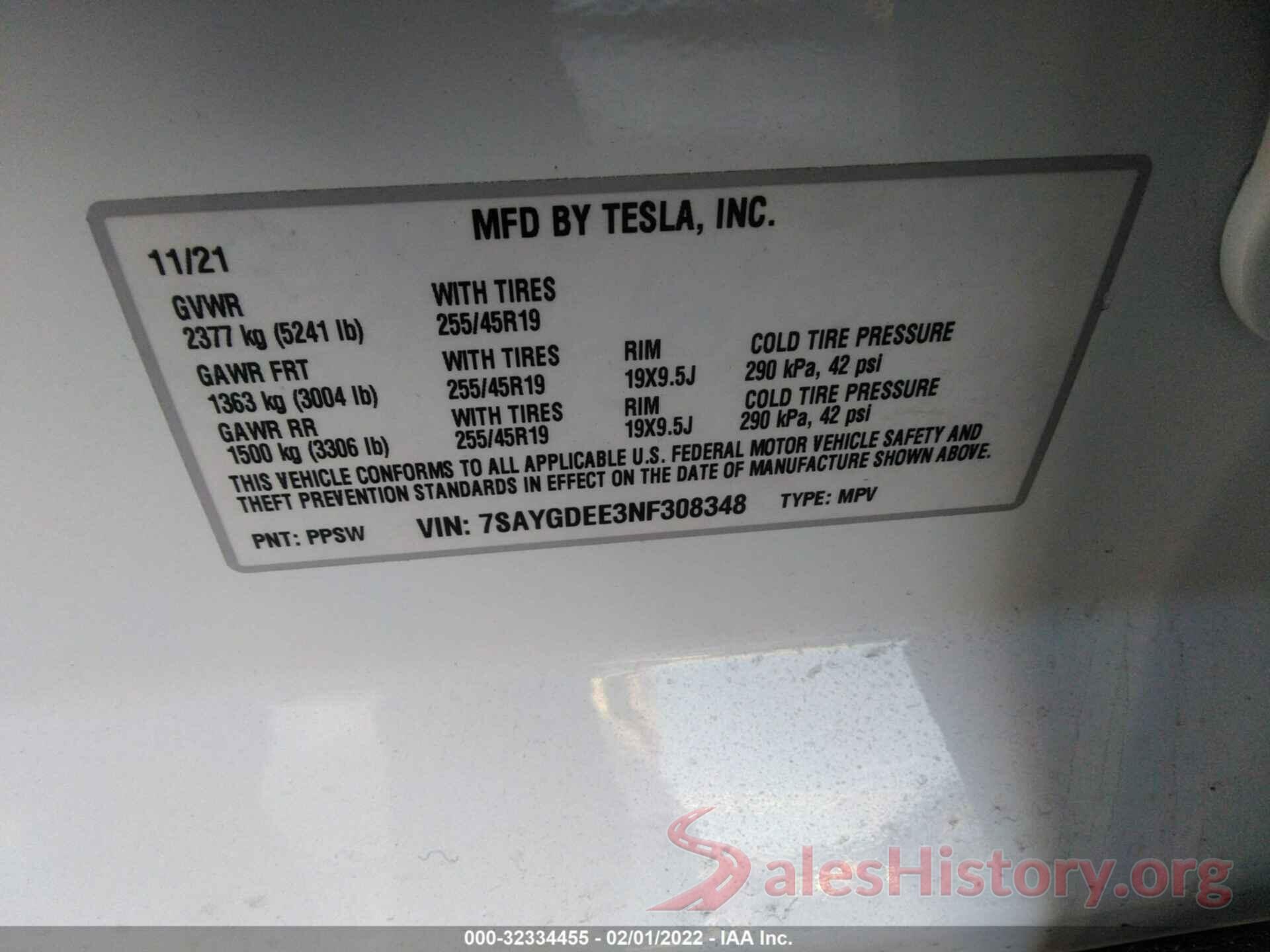 7SAYGDEE3NF308348 2022 TESLA MODEL Y