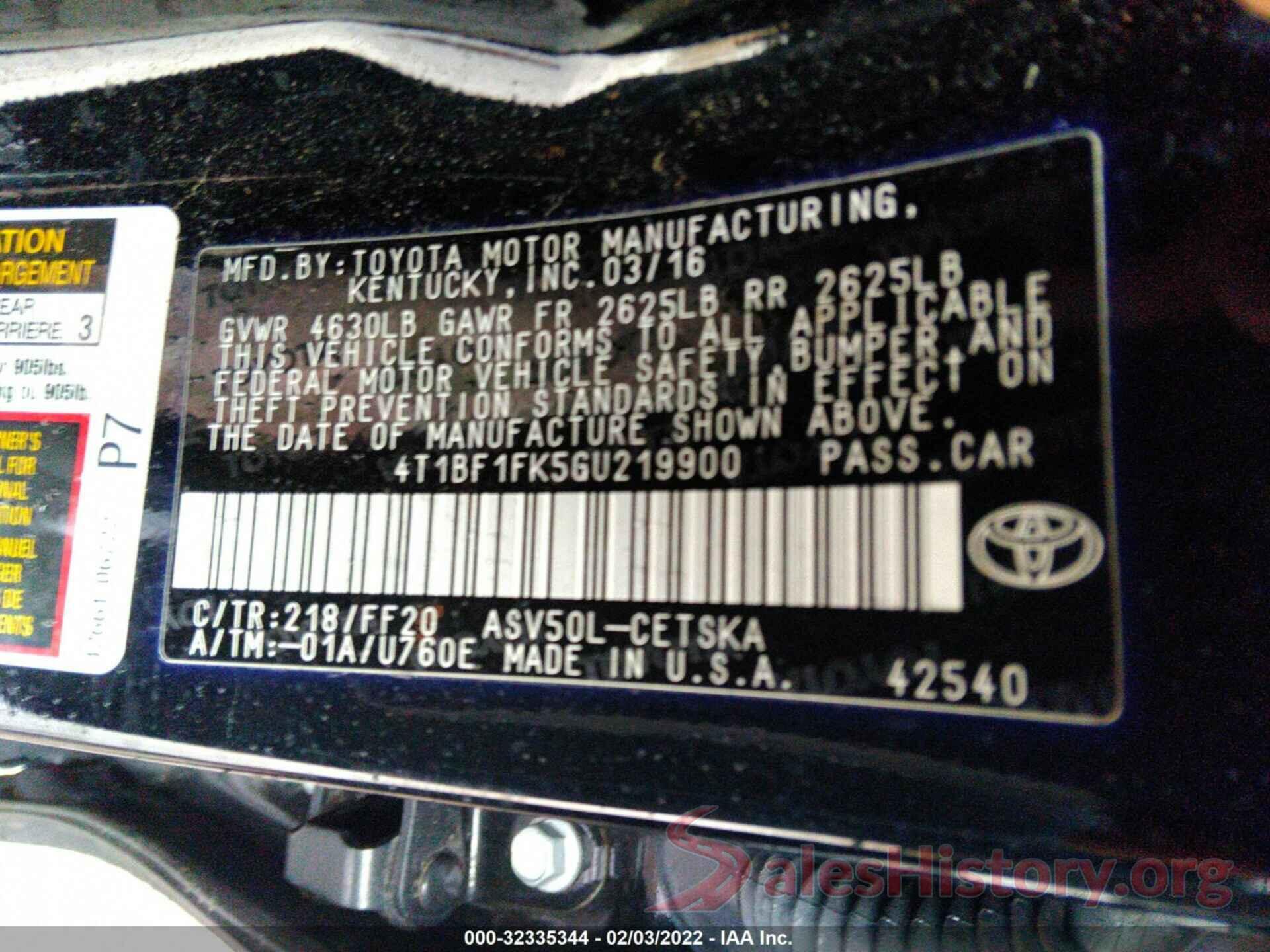 4T1BF1FK5GU219900 2016 TOYOTA CAMRY