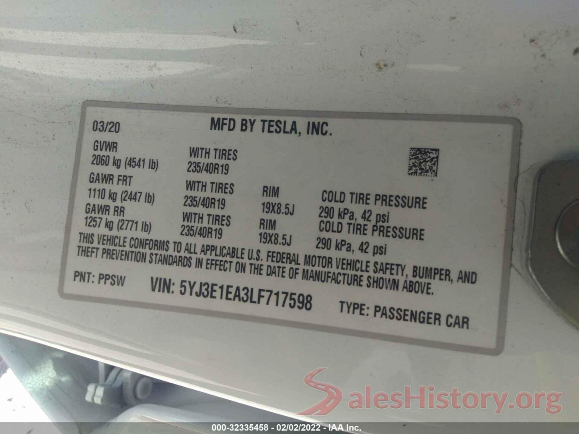 5YJ3E1EA3LF717598 2020 TESLA MODEL 3