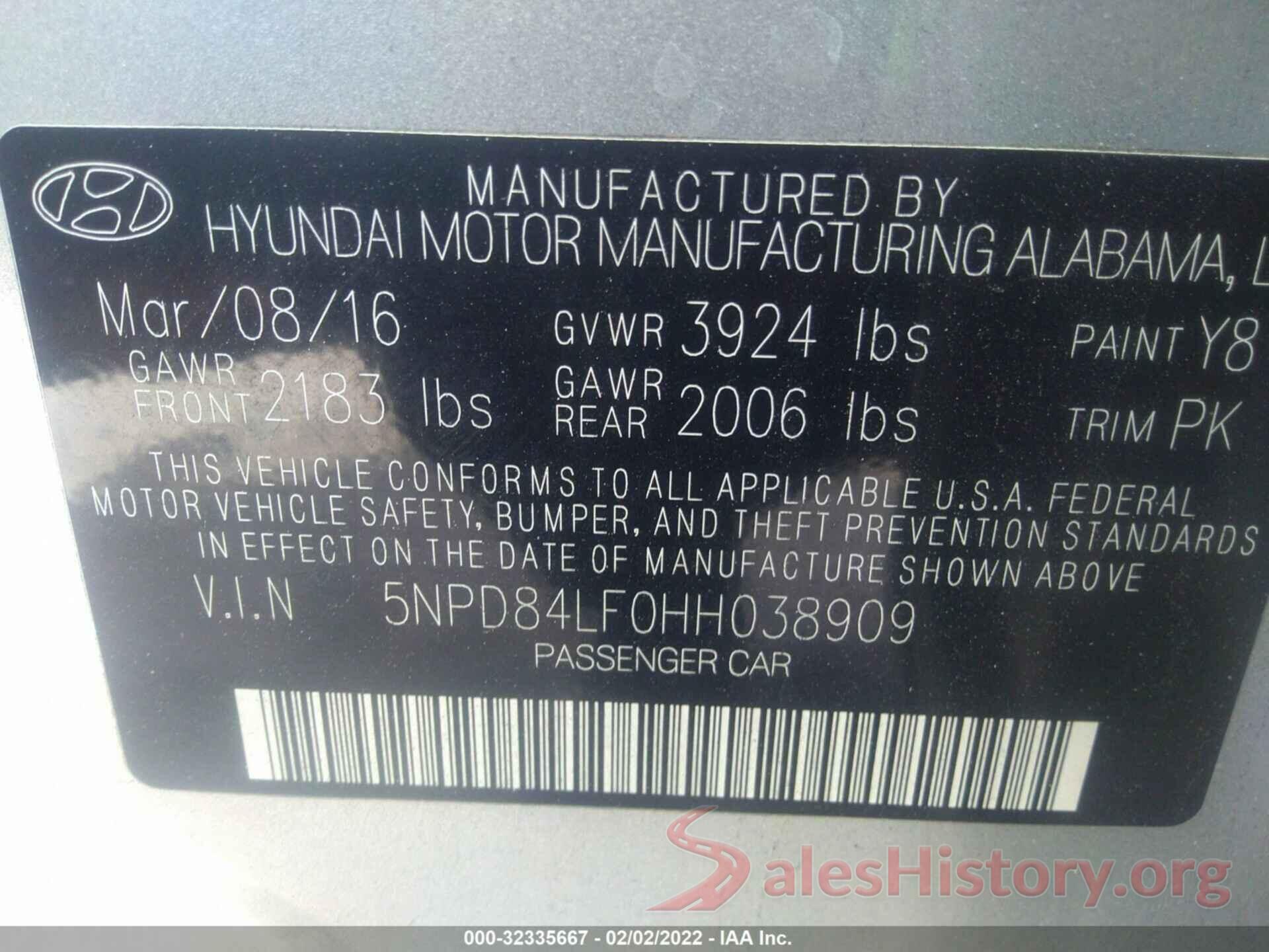 5NPD84LF0HH038909 2017 HYUNDAI ELANTRA