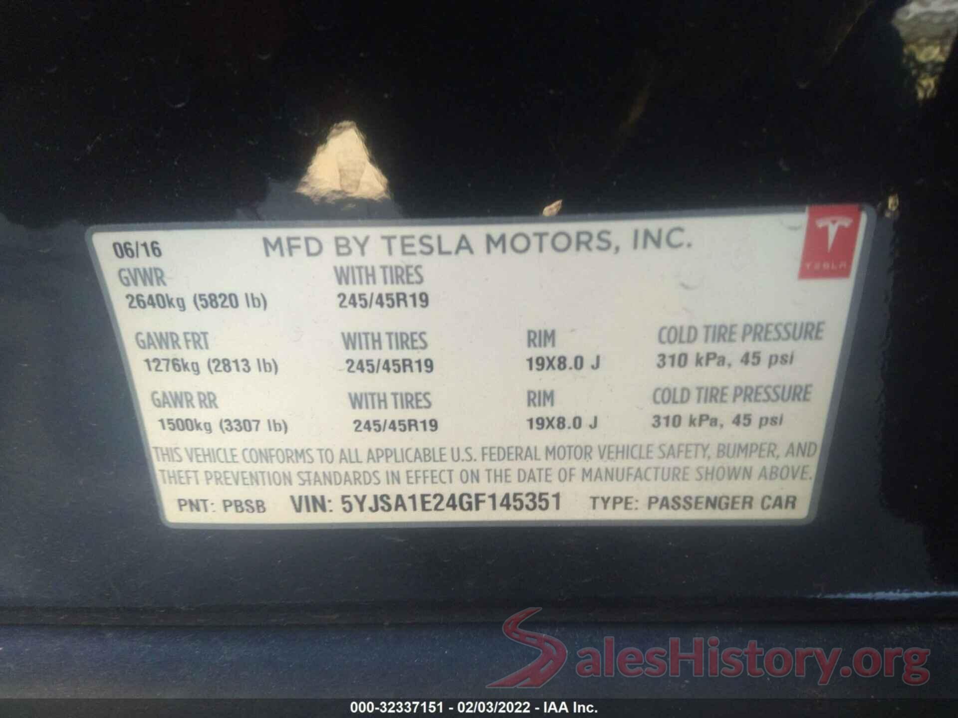 5YJSA1E24GF145351 2016 TESLA MODEL S